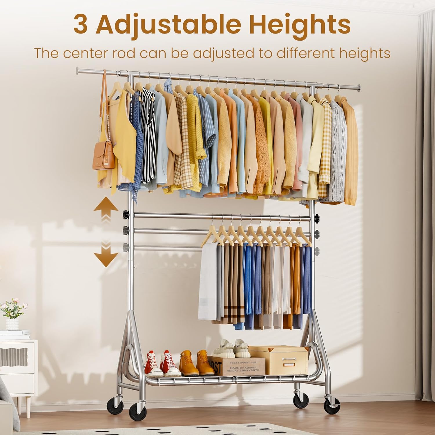 Double Rods Clothing Rack, Heavy Duty Clothes Rack for Hanging Clothes Load 560LBS, Metal Rolling Garment Racks with Wheels, Freestanding Clothes Hanging Racks, Silver - Lumora Desk
