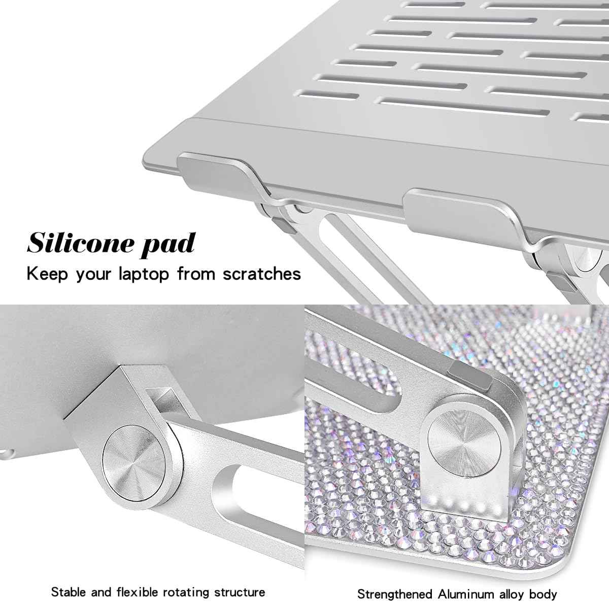 Bling Adjustable Laptop Stand, Portable Laptop Riser, Aluminum Laptop Stand for Desk Foldable, Computer Notebook Stand Holder for MacBook Air Pro, Dell XPS, HP (10-17.3'') - Silver