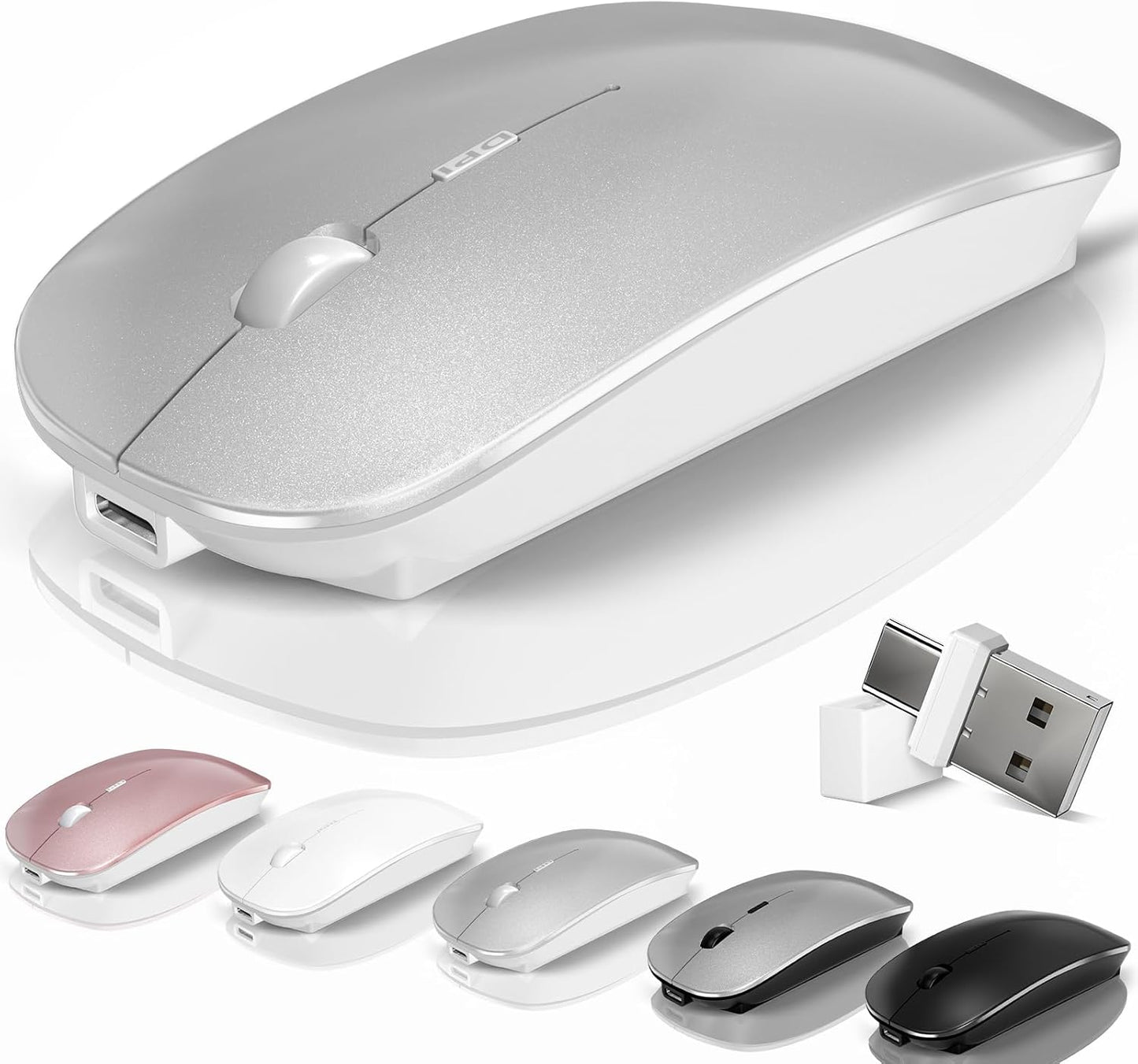 Mouse for Laptop Wireless Bluetooth - MacBook Air Mac Pro PC iPad Optical Rechargeable Silent Mouse with Jiggler Dual Mode Switch Bluetooth 5.2/3.0 and 2.4GHz USB-A and Type-C Receiver Silvery