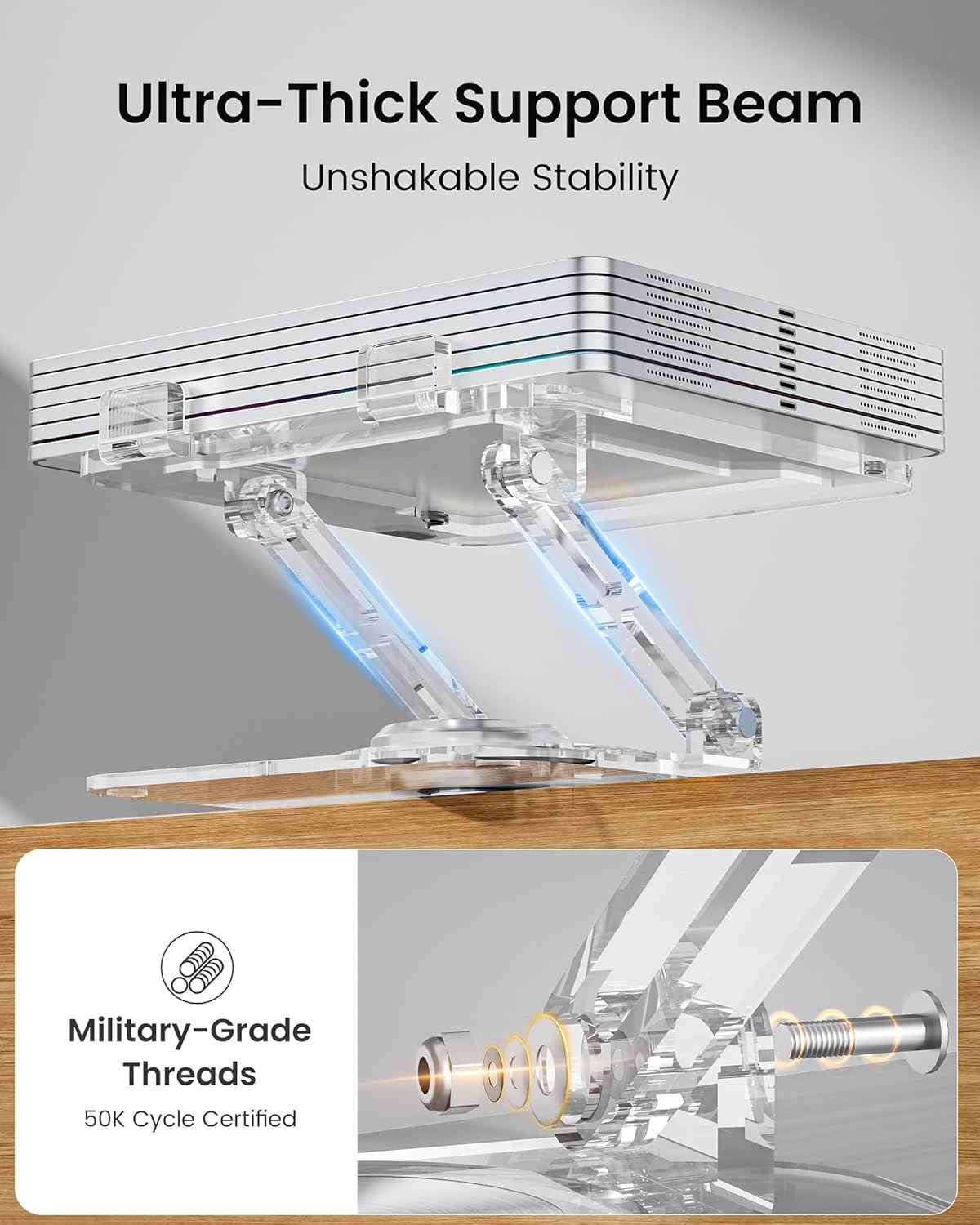 Laptop Stand for Desk - Adjustable, Foldable Clear Acrylic Riser with 360° Rotating Base, Ergonomic Laptop Holder for MacBook Pro/Air & 10-16” Notebooks