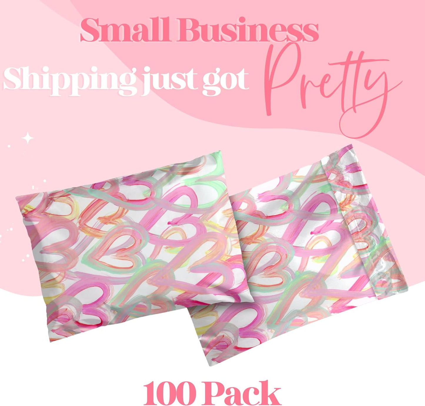 6x9 Designer Poly Mailer 100 Pack Heavy Duty Waterproof Self Seal Shipping Bags for Small Business Large Mailing Envelopes Bulk Tear Resistant Cute Packaging Happy Hearts