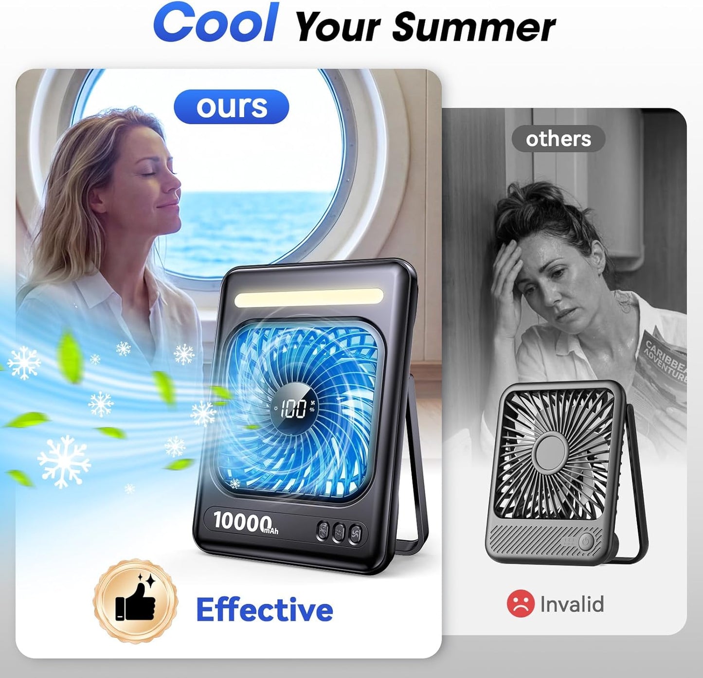 10000mAh Portable Travel Fan, 5 Speeds Strong Wind Cruise Fan with LED Lantern, 24H Runtime Cordless Personal USB Fan, 2/4/6/8H Timer, Ultra-thin Quiet Desk Fan for Camping, Office, Bedroom, Beach