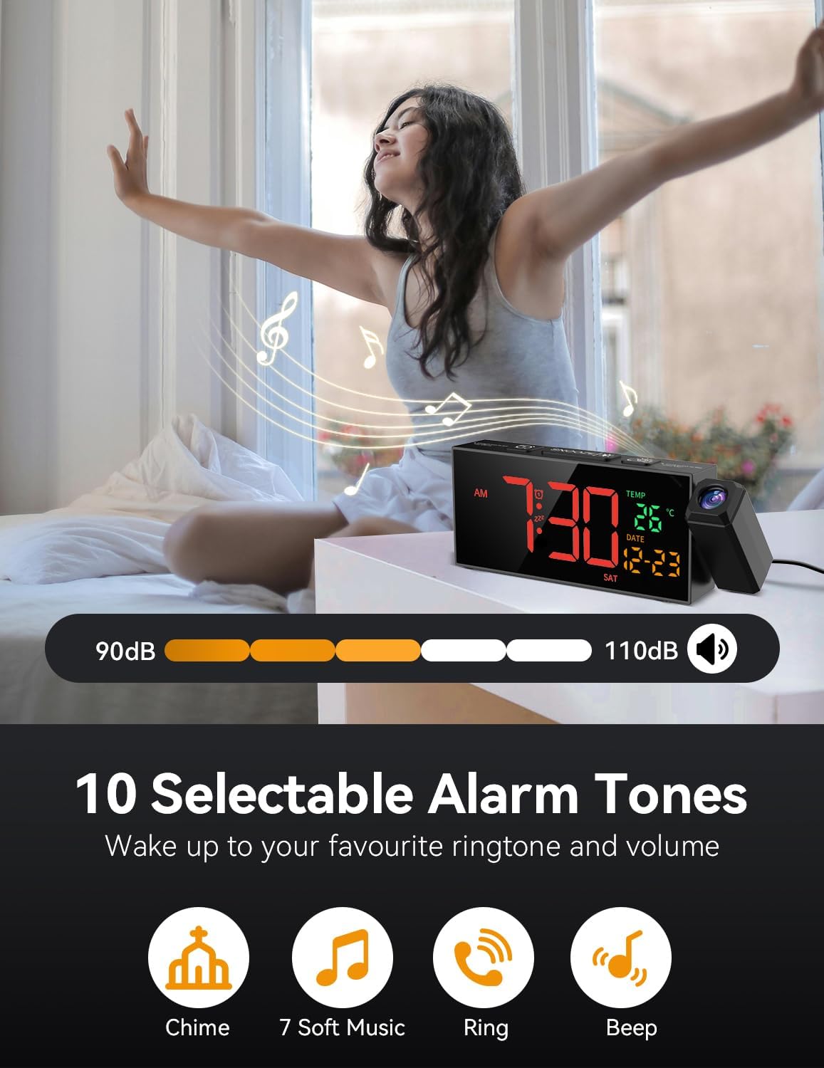 Netzu Projection Clock for Bedroom Ceiling, Alarm Clocks with 180° Rotatable Projector, Date Temperature and Weekday, Manual DST, 5 Brightness, 10 Ringtones, 4 Volumes and Snooze