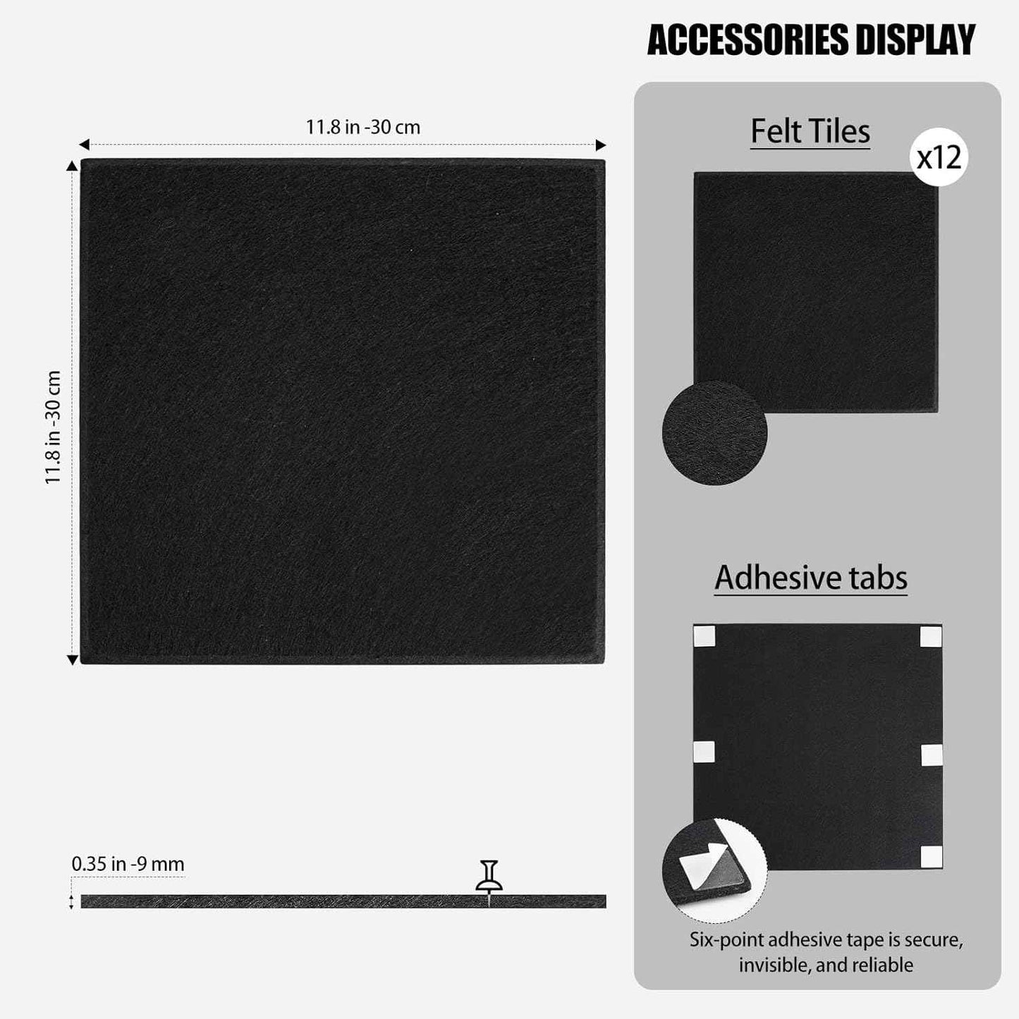 Large Cork Board Alternative 48" x 36", 12 Pack Felt Bulletin Board with 72 Safe Removable Adhesive Tabs, Black Felt Board Pin Boards for Walls Office Home Decor