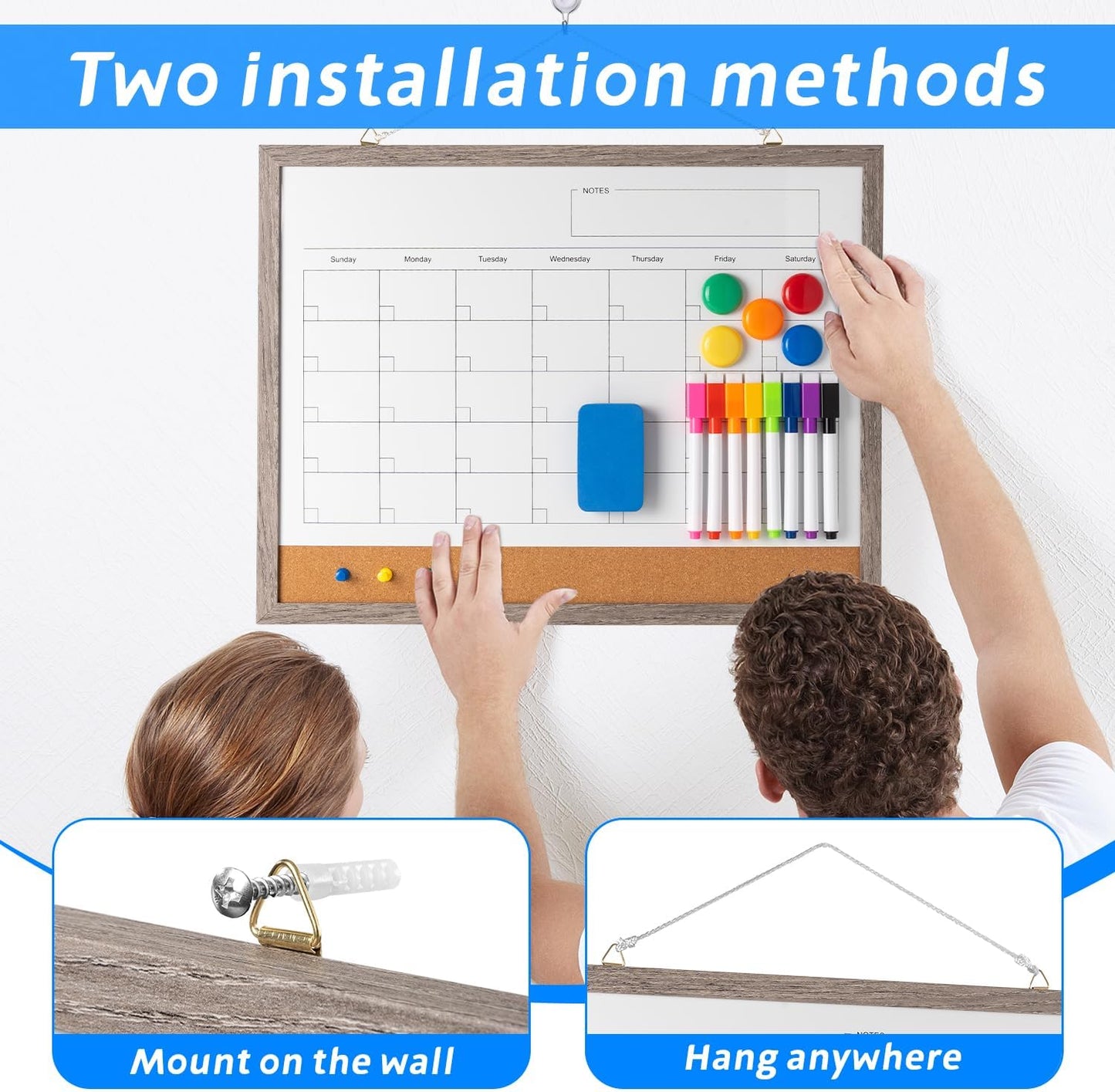 Dry Erase Calendar Whiteboard, 17" x 13" Magnetic Whiteboard Cork Board Combo, Reusable Monthly Planner with 8 Markers, Eraser, Magnets and Push Pins to Hang Dry Erase Board for Home, School - Gray - Lumora Desk