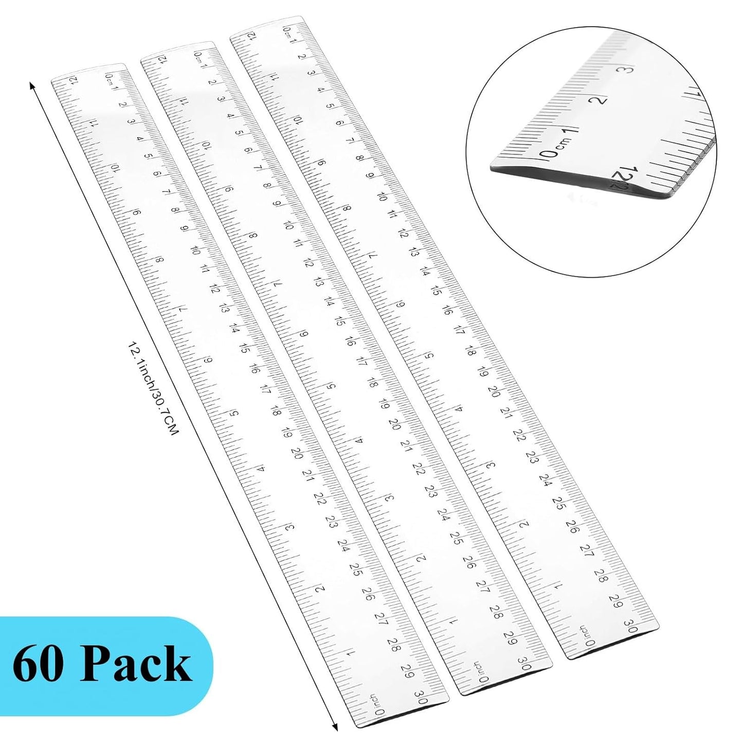 Zonon 60 Pieces 12 Inch Ruler Bulk Clear Plastic Flexible Straight Metric Rulers with Centimeters and Inches Drafting Measuring Tool for Classroom School Students Education