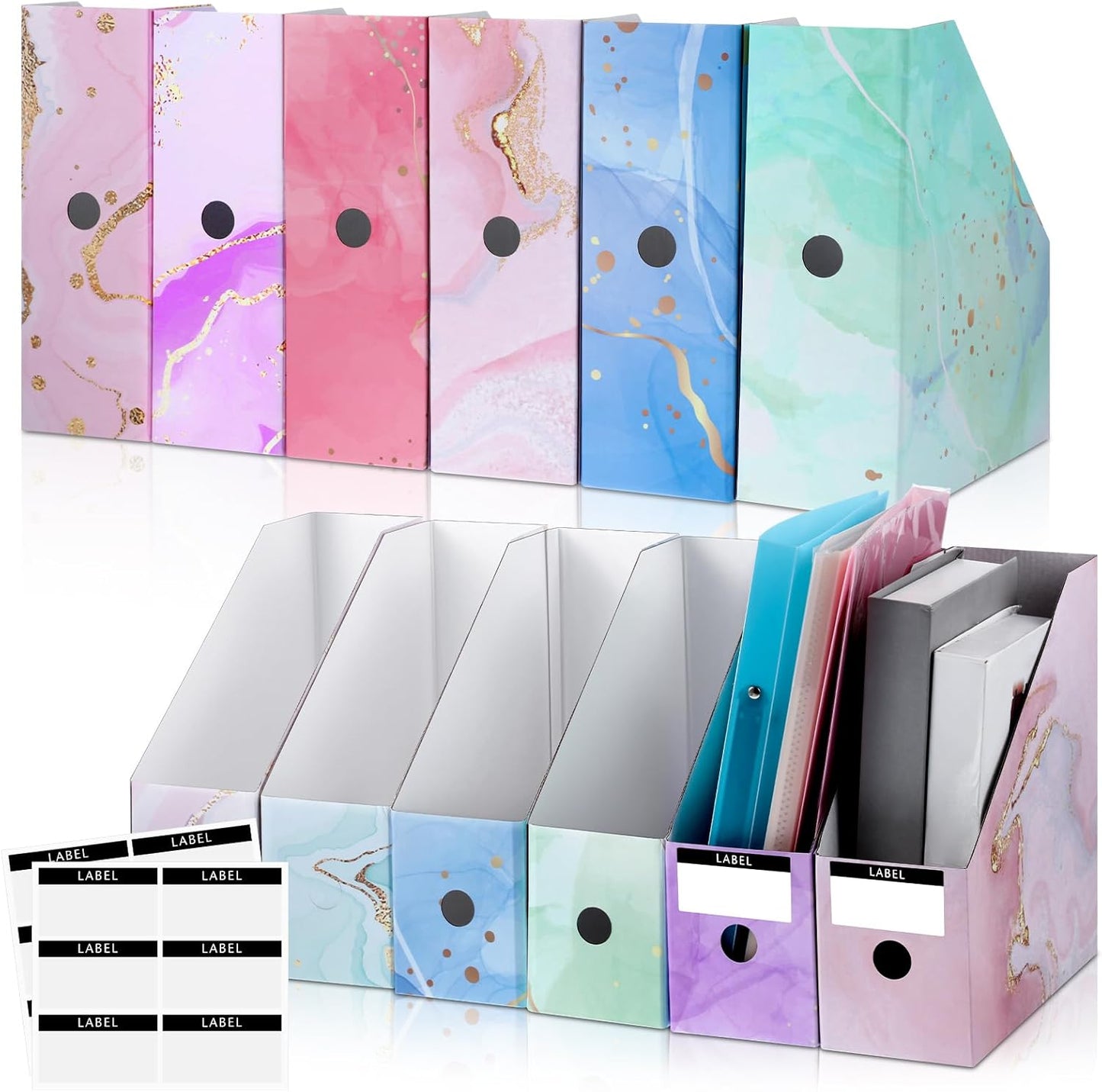 PerKoop 12 Pcs Magazine File Holder Foldable Decorative Cardboard File Folders 6 Patterns Floral Colored Magazine Rack with Printable Sticker Labels for School Office Home Desk (Marble)