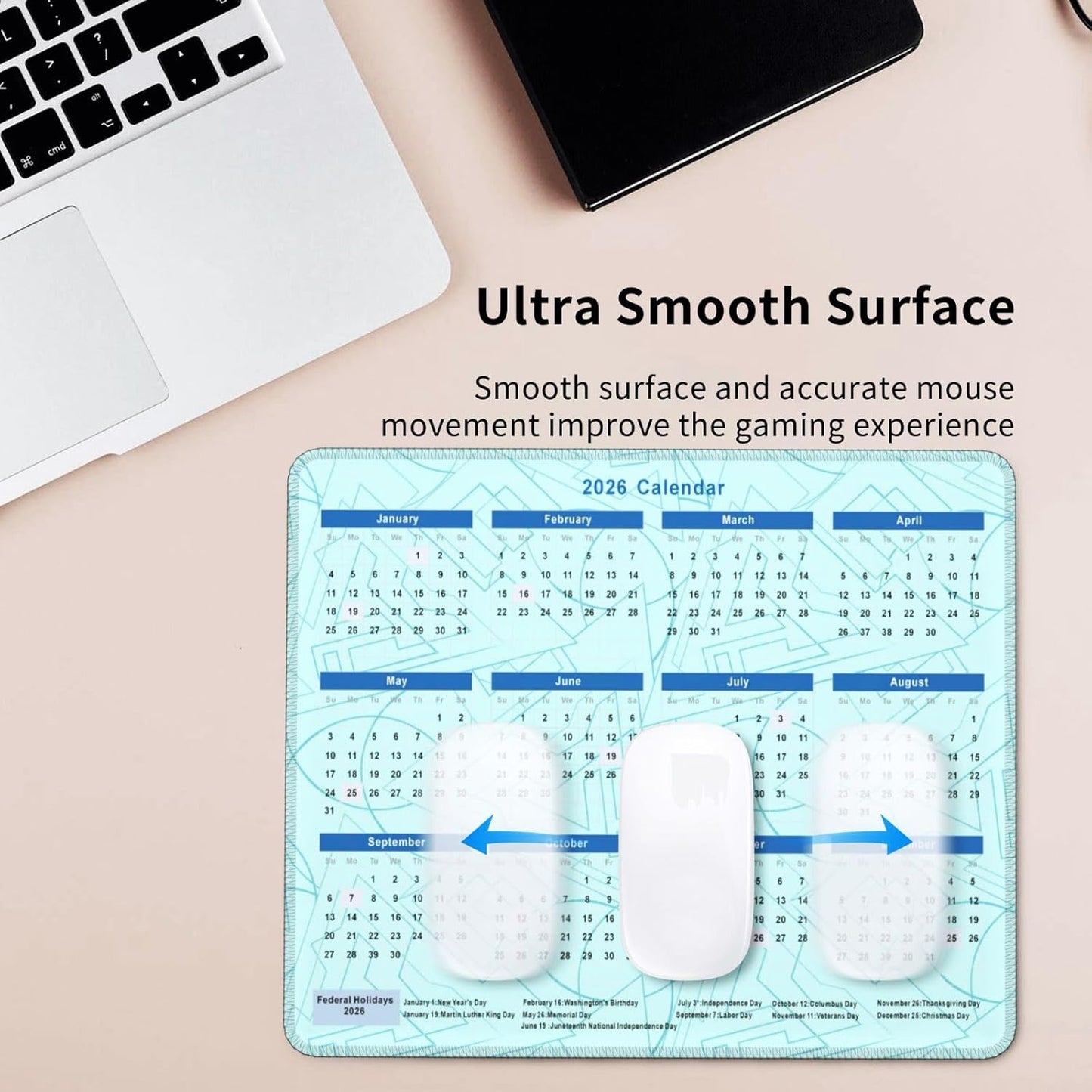 2026 Calendar Mouse Pad Geometry, Calendar with Holidays Mouse Pads, Non-Slip Rubber Base Mousepad for Office Desk Computers Laptop