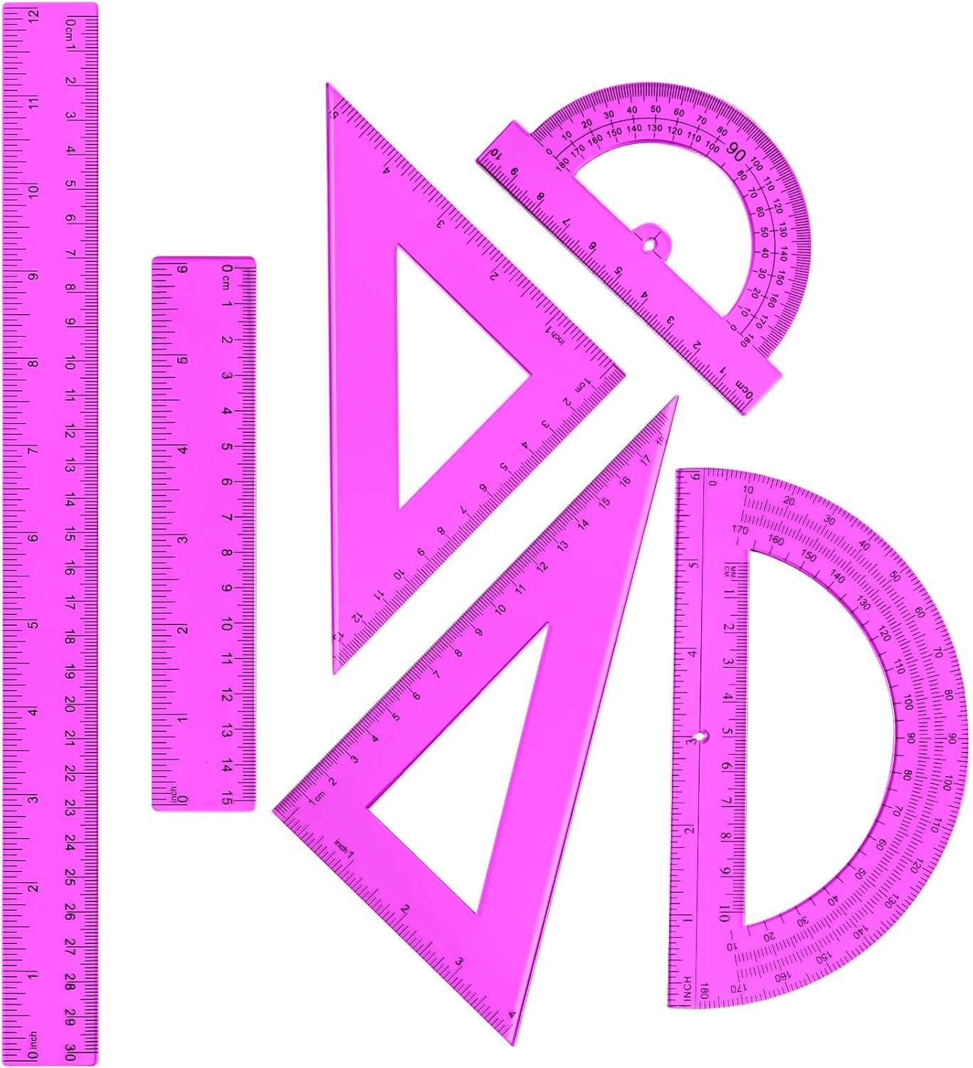 Tenare 6 Pcs Plastic Ruler Math Set Includes 12 Inch 6 Inch Straight Protractor Triangle Geometry Transparent Math Ruler Measuring Tools for School Office Home(Purple)