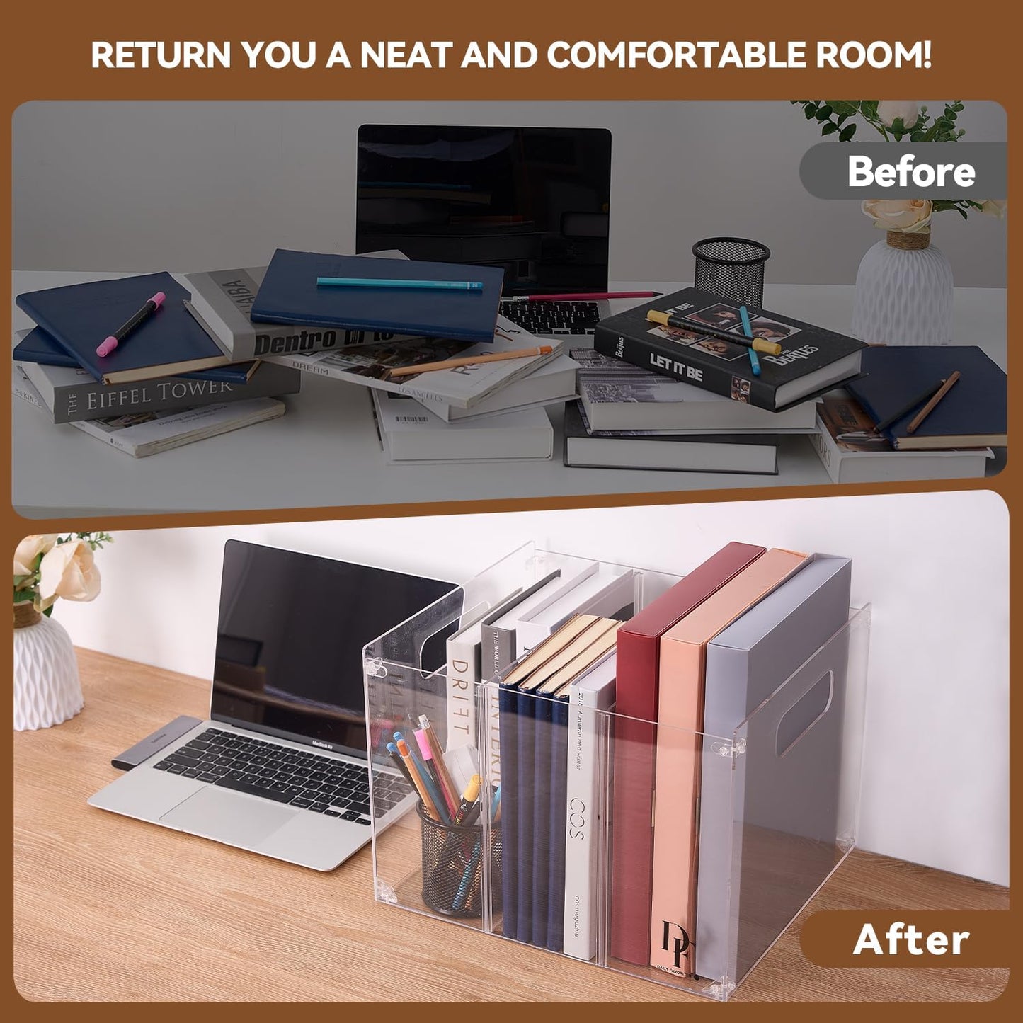 DF 3-Section Acrylic File Organizer with Handles – Clear File box for Documents, Books & Office Supplies – Desktop Hanging File Organizer - Compact and Durable Design for Home or Office Use