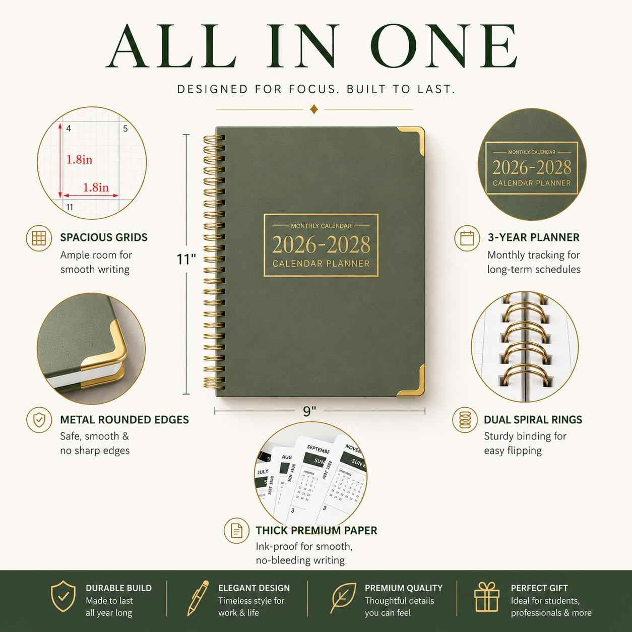 Monthly Planner 2026-2028, Hardcover 3 year calendar 2026-2027-2028 Calendar Book from Jan 2026 - Dec 2028, 9“ x 11”, Spiral Bound,Organizer for Office, School, and Home,Green