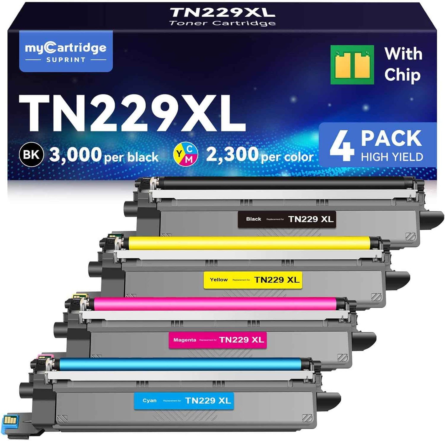 Compatible TN229XL Toner Cartridges Replacement for Brother TN229XL TN-229XL TN229 XL use with MFC-L3780CDW MFC-L3720CDW HL-L3220CDW HL-L3280CDW HL-L3300CDW Printer (BK/C/M/Y-4 Pack)