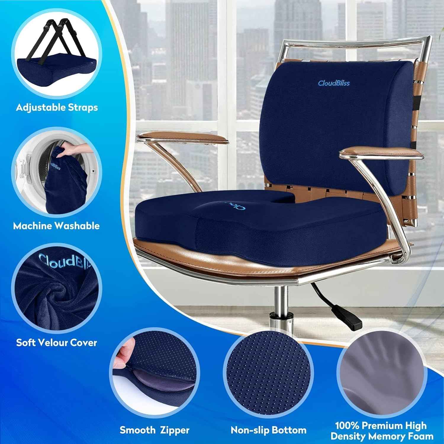 CloudBliss Lumbar Support Pillow & Seat Cushion Set for Office Chair, Desk Chair, Wheelchair & Car–Memory Foam Back Support,Ergonomic Chair Cushions, Sciatica Pain Relief,Home Essentials(Blue,XL)