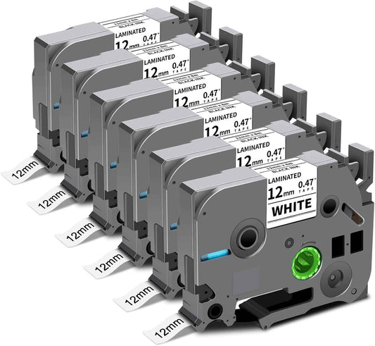 6-Pack TZe-231 TZ Tape 12mm 0.47" Laminated White P Touch Label Compatible for Brother P Touch Label Maker Tape for PTouch Label Maker PTD210 H110 D220 D600 D400 D410 2040, Black on White