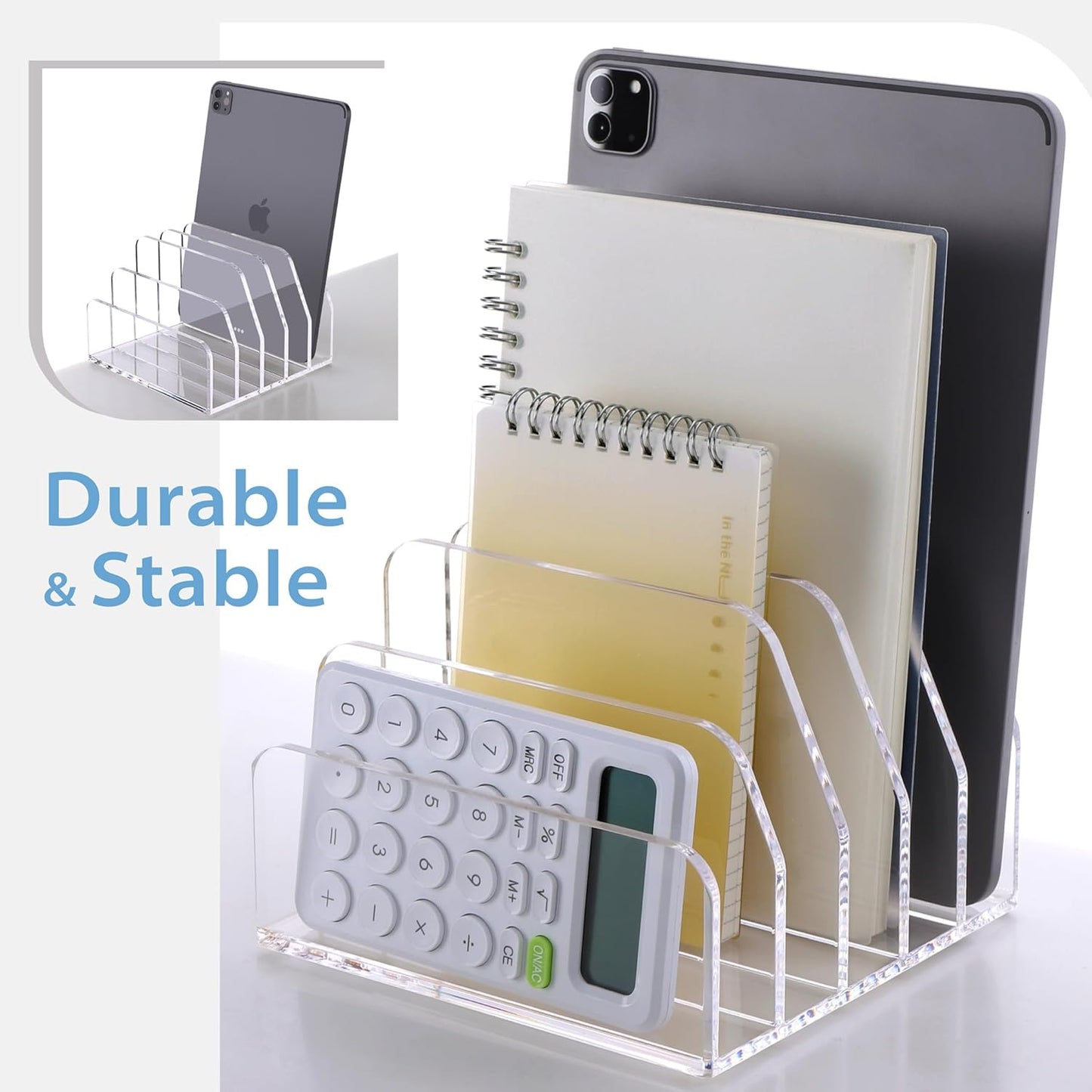 SANRUI Acrylic Desk File Organizer Holder for Desk, Clear Laddered 5 Upright Compartments Mail Sorters, Multifunction Desktop Envelope Folder Racks Document Holders for Office, Home, School