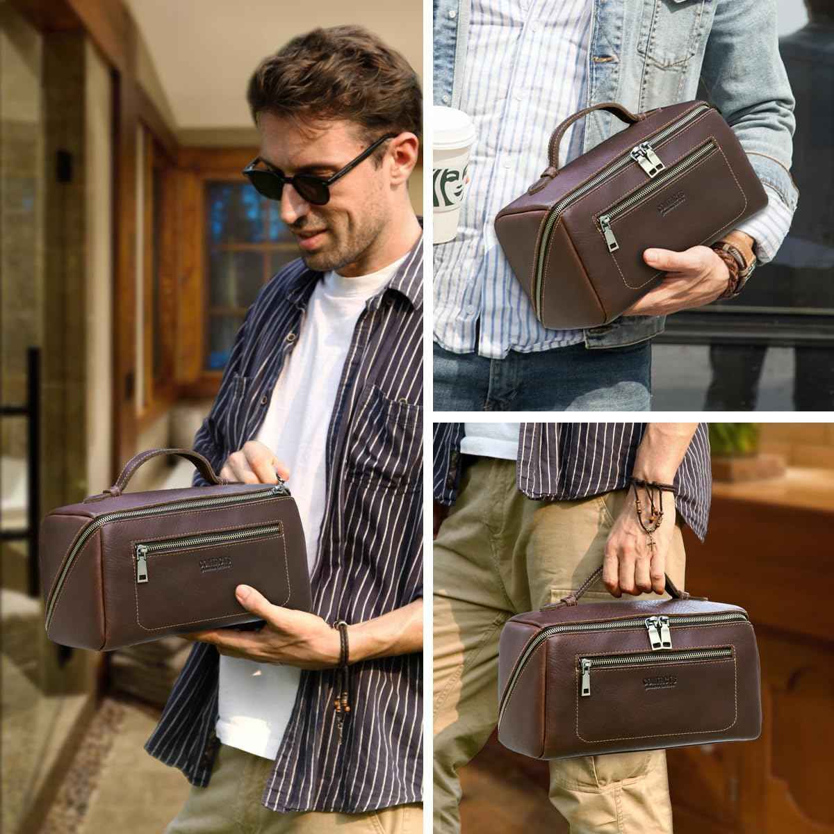 CONTACTS Full Grain Leather Travel Toiletry Bag for Men Large Wash Bag with Handle Bathroom Shaving Dopp Kit Toiletries Organizer Vintage Cosmetic Bag