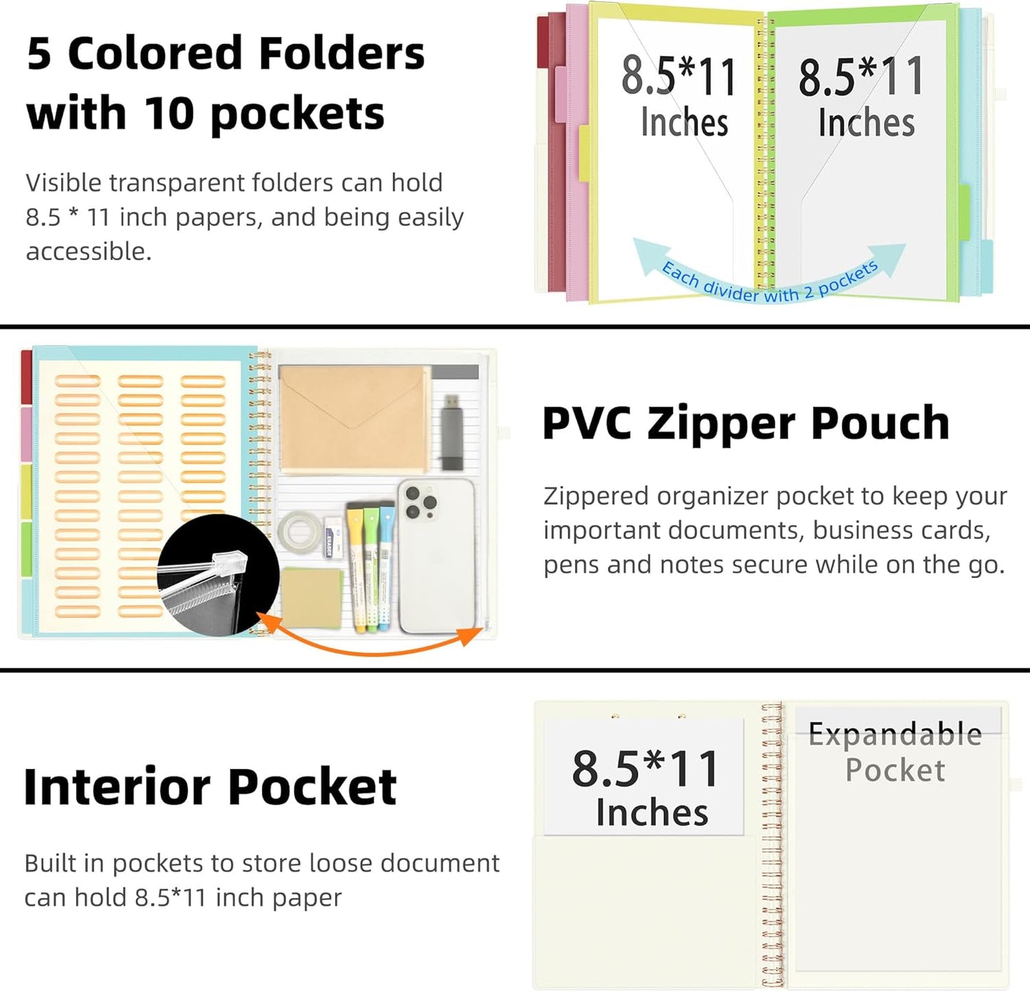 Ospelelf Leather Clipboard Folio with with Storage Zipper Pouch, Spiral Clipboard Folder with Notepad for Letter Size, 5 Folders with 10 Pockets, 39 Divider Label Stickers (Beige)