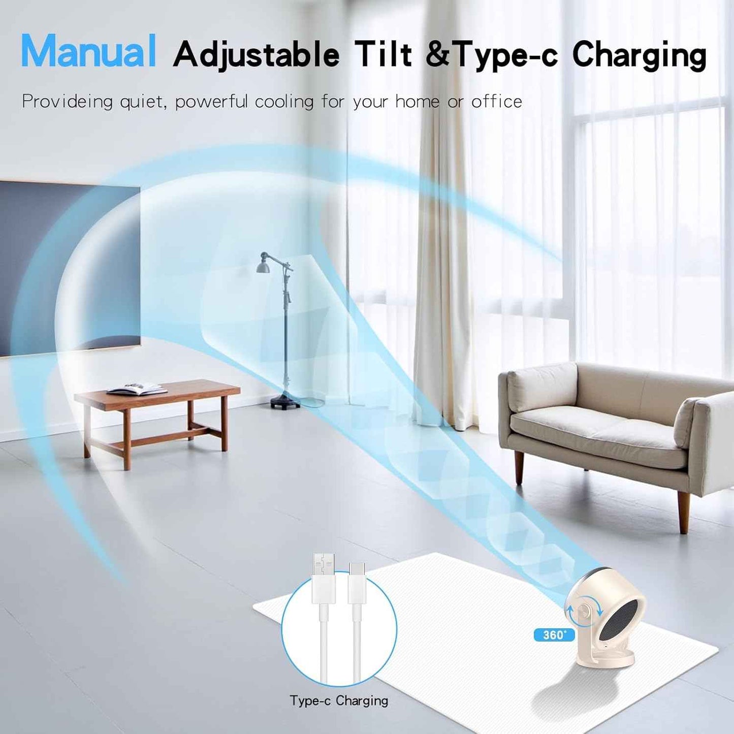 Desk Fan with Battery Operated, Quiet Digital Display Portable Fan 360°Rotate, Whole Room Air Circulator Fan, USB Fans with 6 Speeds, Small Travel Camping Table Fan for Bedroom, Kitchen, Home, Outdoor