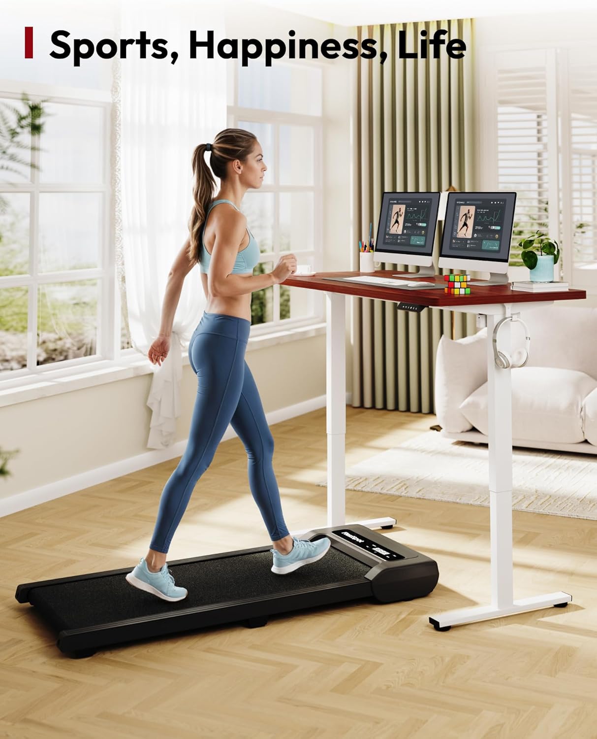SANODESK Electric Standing Desk 55 x 28 Inches Whole-Piece Desktop Height Adjustable Stand Up Desk w/6-Button Controller Ergonomic Computer Desk for Home Office, White Frame + Mahogany Tabletop