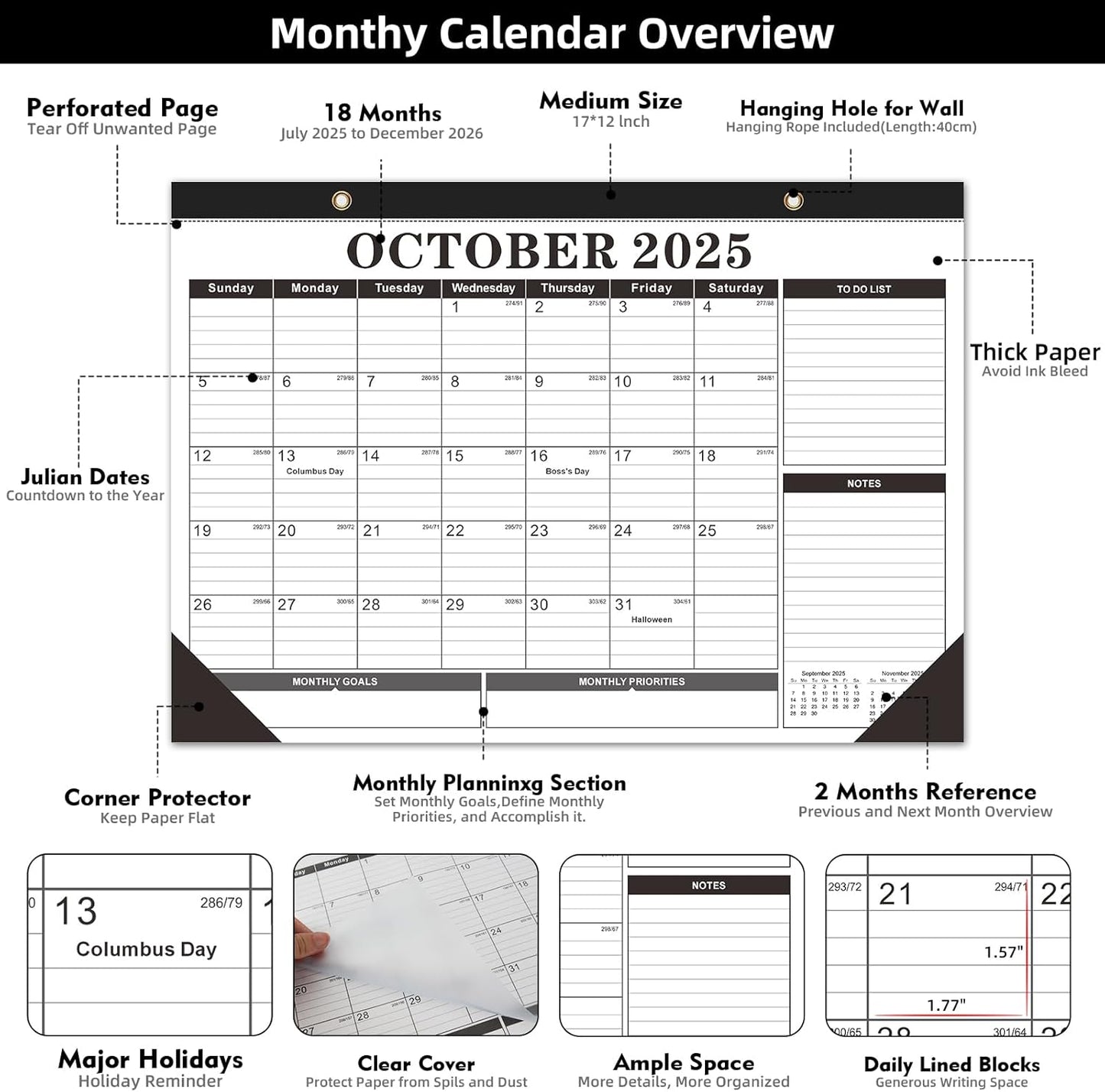 Tcamp Desk Calendar 2025-2026 from July 2025 to December 2026, Large 17" x 12" Wall Calendar with Julian Dates, 18 Months Desk Planner for Home School Office Desktop, Christmas Gifts