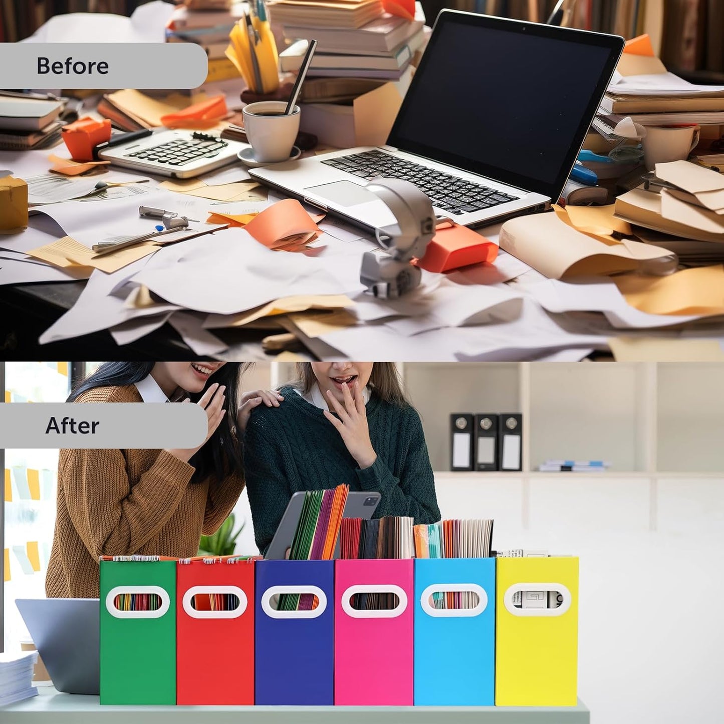 Collapsible File Organizer Box with Handle – Cardboard Hanging File Folder Storage Crate for Desk, Office, School, or Home – Colorful Portable Filing Box, Document Organizer, Magazine Holder