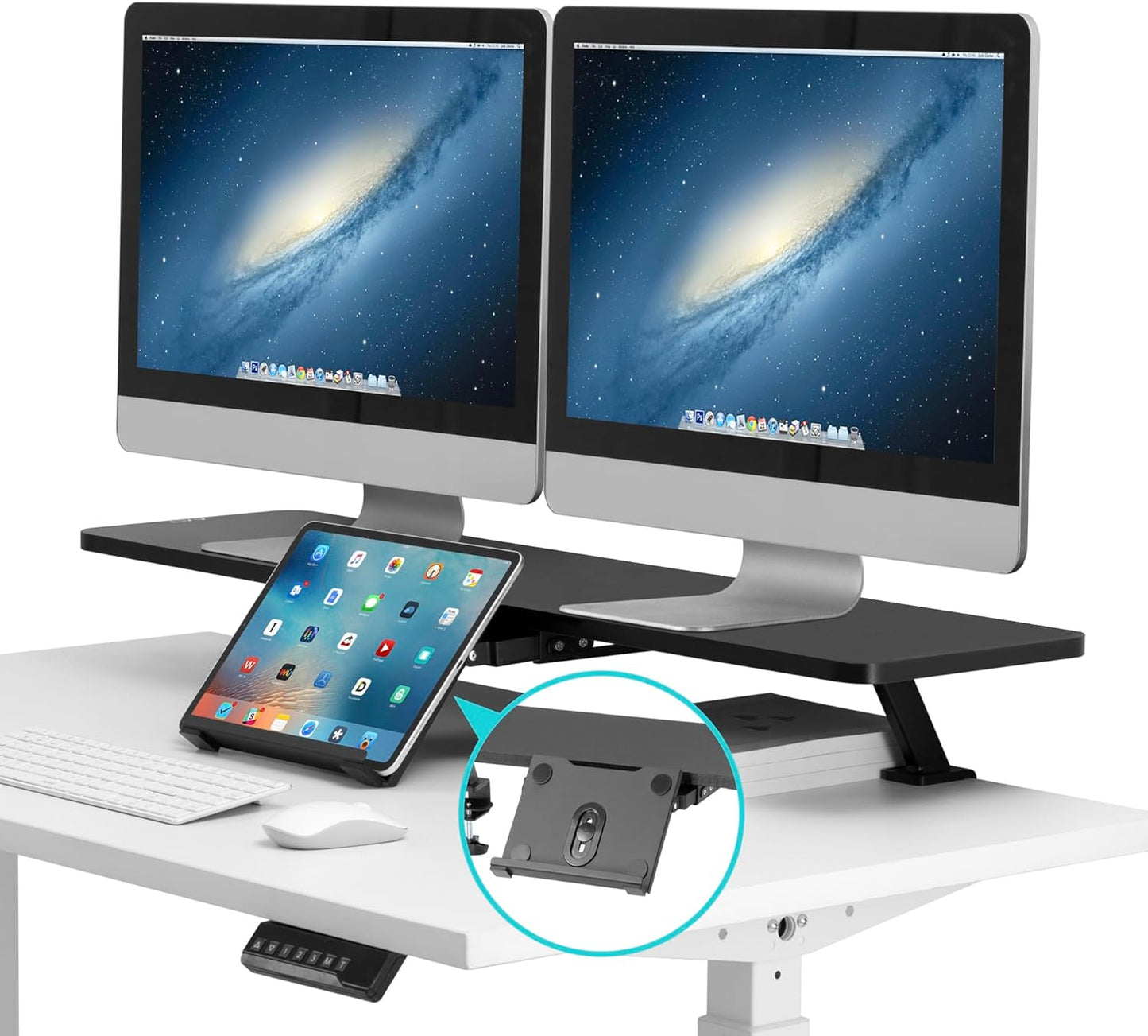 AVLT Clamp Desk Shelf Dual 32" Monitor Riser With Slide-out Holder for Convertible Laptop, Tablet, Smartphone (Black) - Floating Stand (Clamp-On Shelf Only)