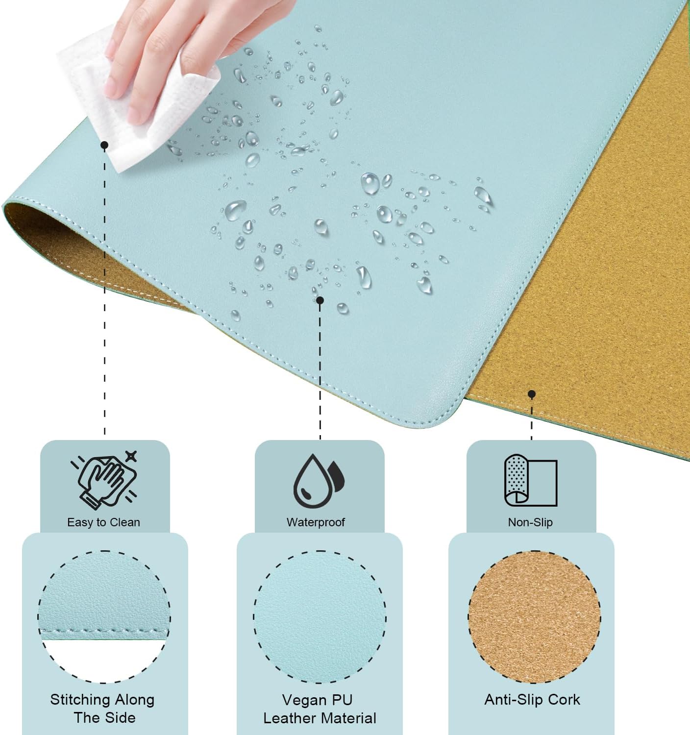 Non Slip Desk Mat, 31.5" x 15.7" PU Leather Desk Pad, Cork Desk Mat for Desktop, Desk Pad for Keyboard and Mouse, Ideal for Office and Home, Light Blue