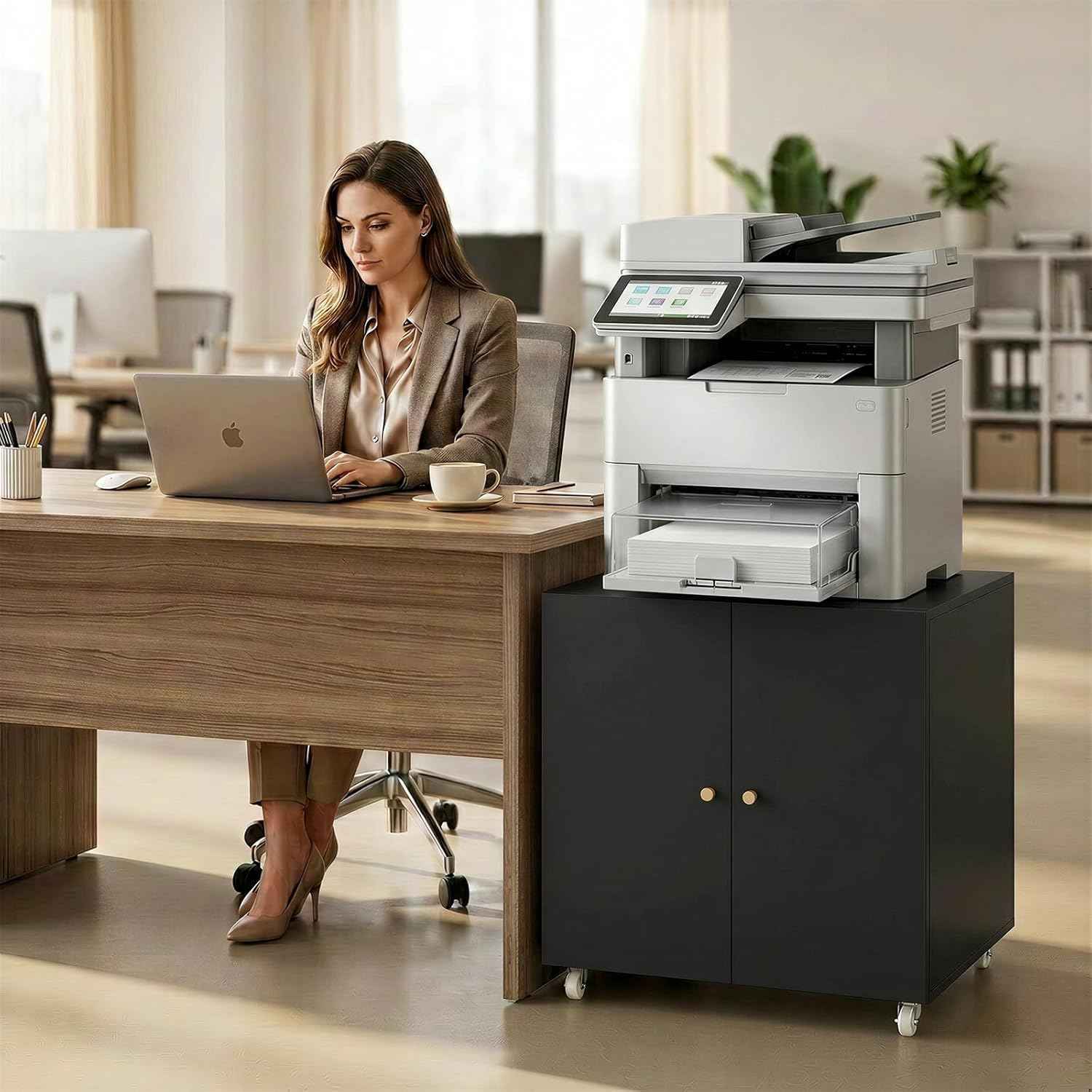 Metal Printer Stand with Storage Cabinet & Wheels, Heavy Duty Rolling Printer Cart with Adjustable Shelf, Large Printer Table for Home Office, Under Desk Printer Cabinet, Black 23.6” H