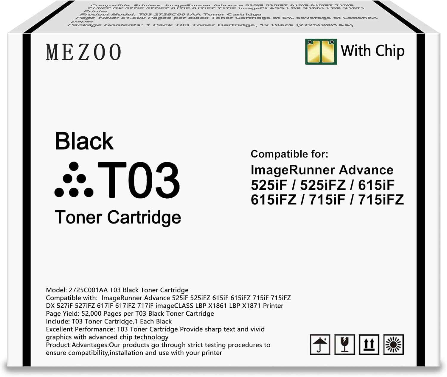 T03 Toner Cartridge Black with Chip Compatible for Canon T03 Toner for ImageRunner Advance 525iF 525iFZ 615iF 615iFZ 715iF 715iFZ DX 527iF 527iFZ 617iF 617iFZ 717iF 717iFZ Printer(1-Pack,2725C001AA)