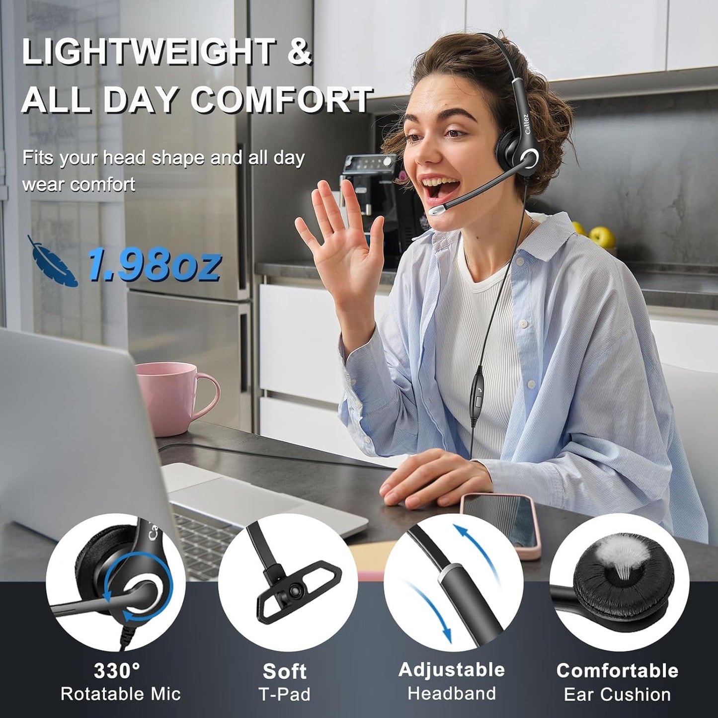 Callez Wired Computer Headset, 3.5mm/USB-C Headset with Mic Noise Cancelling, Cell Phone Headphone for PC Laptop Mac iPhone Samsung Zoom Teams Call Center Home Office Work, in-line Controls