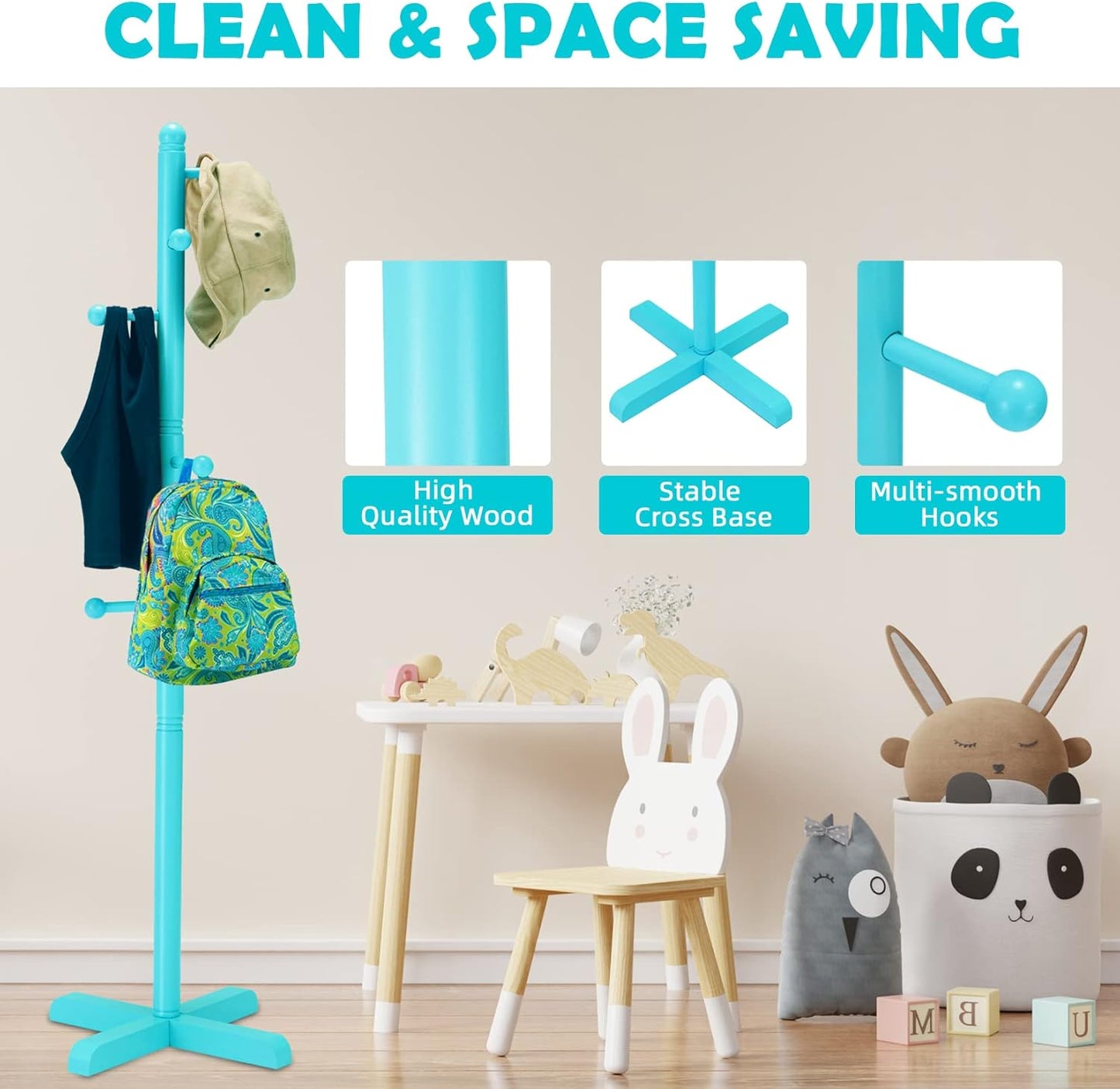 Kids Coat Rack, Freestanding Coat Racks with 8 Hooks 2 Adjustable Height, Tree Coat Rack for Bedroom, Hallway, Entrance, Office, Hats, Handbags,Purse (Blue) - Lumora Desk