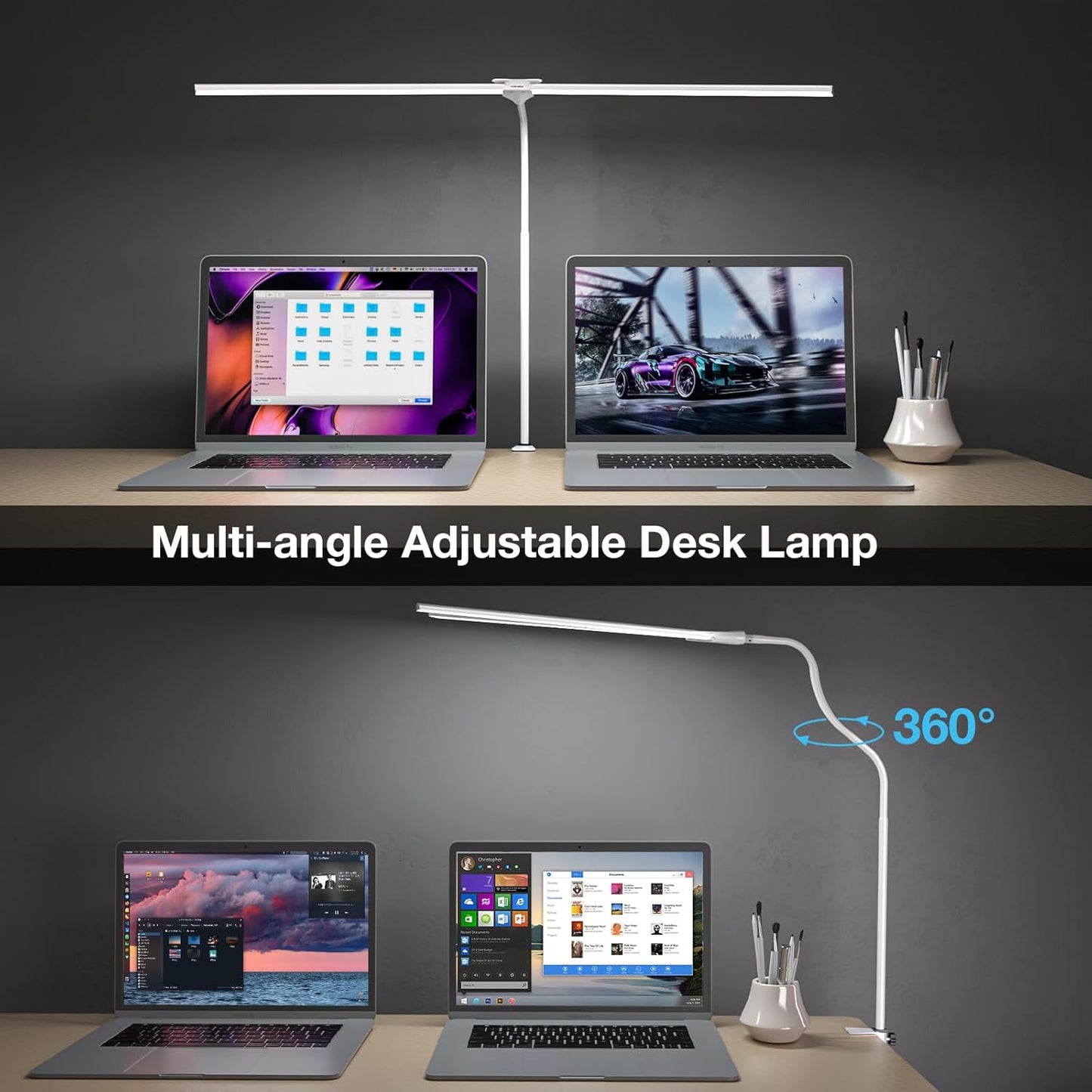 LED Desk Lamp, 31.5'' Wide Double Head Desk Lamps for Home Office, Dimmable 25 Lighting Modes 16W 1800lm Bright Desk Lighting, Eye Caring Architect Table Lamp for Workbench Monitor Study, White - Lumora Desk