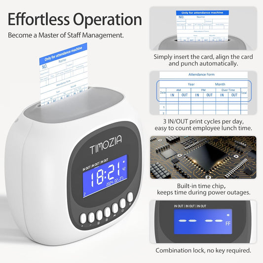 Time Clocks for Employees Small Business, Auto-Align Time Clock, 6 Punches per Day Time Machine, Clock in Machine for Employees with Time Cards, 2 Ink Ribbons and White with 50 Cards