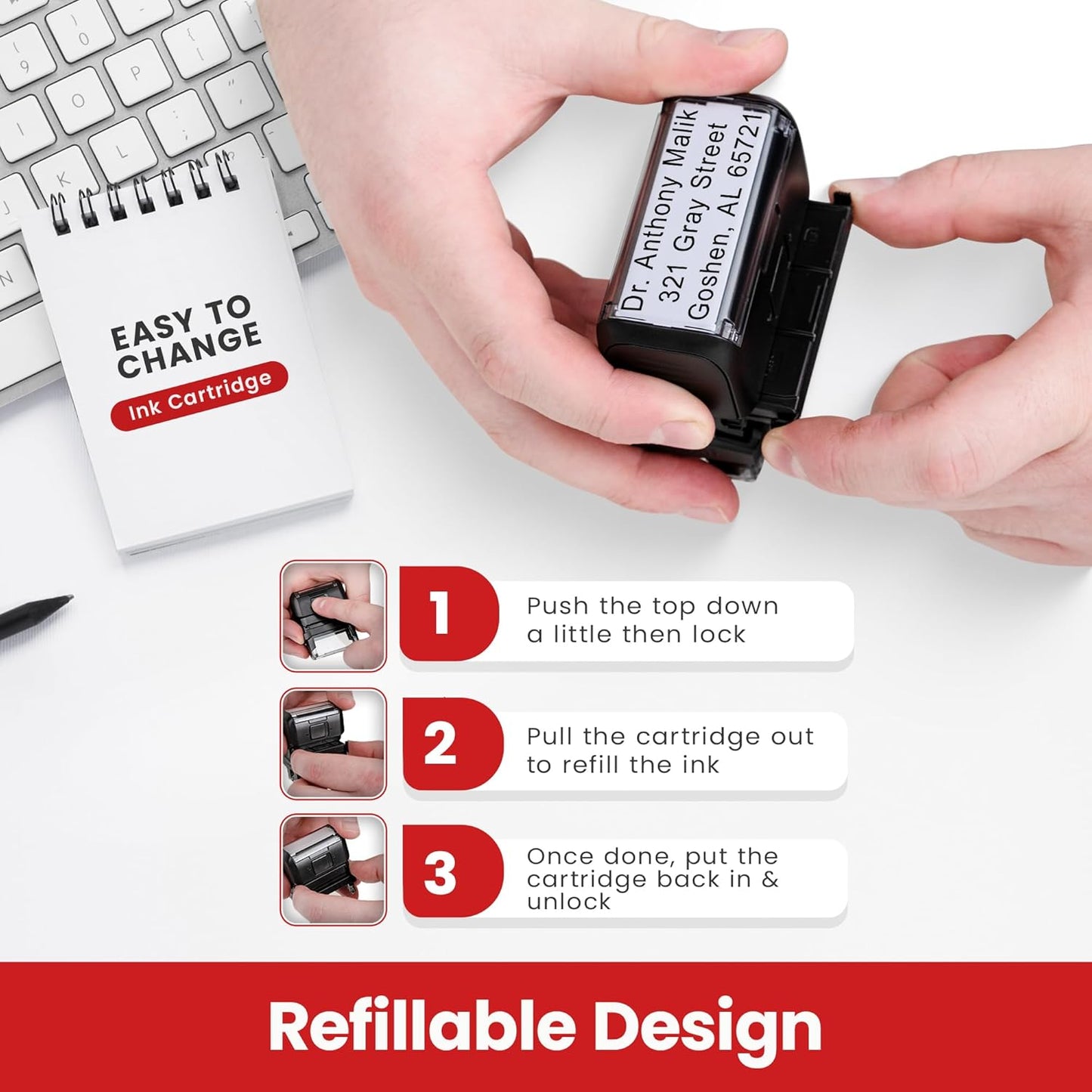 Promot Self Inking Stamp - Small Custom Stamp for Name, Address, Office, or Business Use - Up to 3-Line Personalized Rubber Stamp - Customizable Font & Ink Color - Personalized Name Stamp