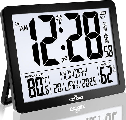 Atomic Digital Wall Clock Battery Operated with Backlight, Desk Clocks with Indoor Temperature & Humidity, 8.5" Small Alarm Clock with Date and Day of Week for Bedrooms, Living Room, Auto DST, Black
