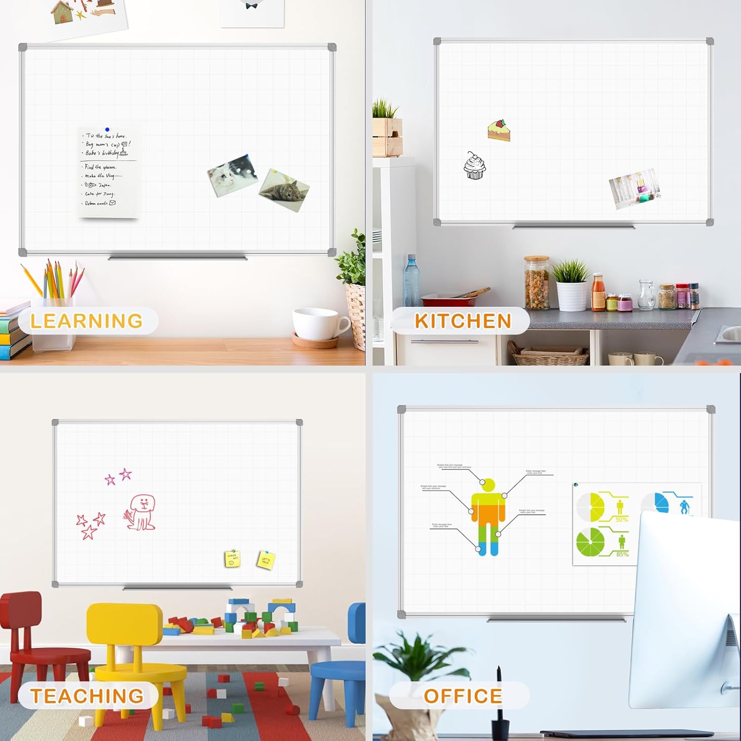JILoffice Magnetic Dry Erase Planning Board, Grid Pattern White Board 36 x 24 Inch, Silver Aluminum Frame with Detachable Marker Tray for Office School and Home - Lumora Desk