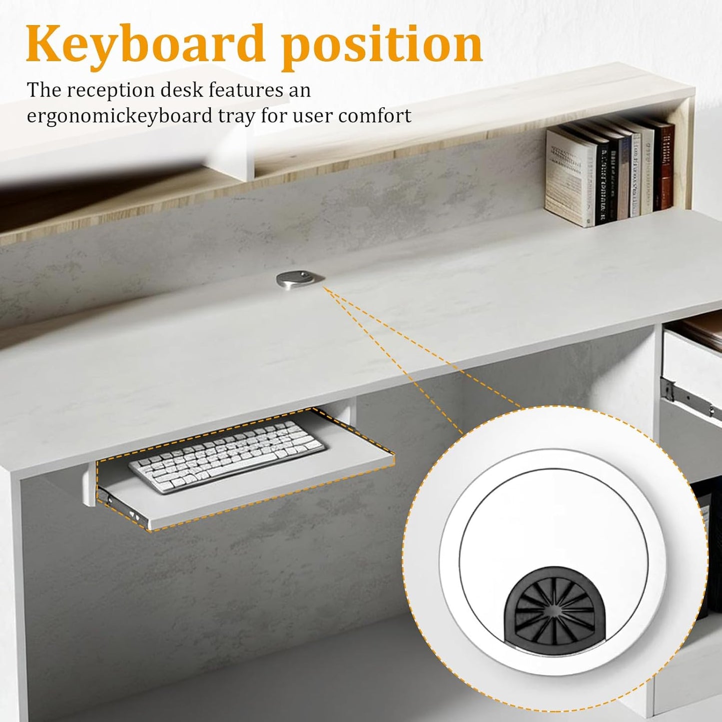 Modern Reception Desk with Counter & LED,Front Office Desk with Drawer, Keyboard Tray & Cabinet, White Stone Look & Wood for Hotel, Salon, Retail, Office Lobby (Right, 70.86 in)