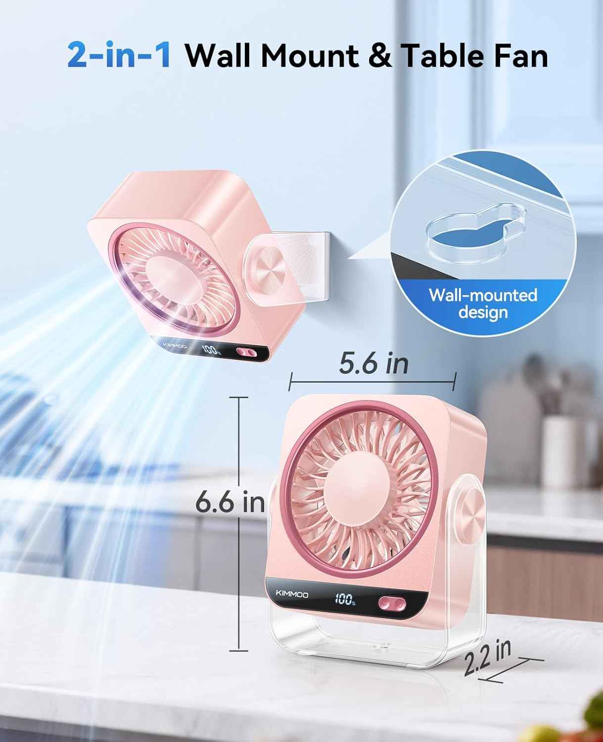 KIMMOO Desk Fan for Bedroom, Rechargeable USB Turto Table Fan, 199 Speeds, 270° Rotating, Quiet Small Desk Fan with LED Display, Personal Desktop Cooling Fan, Wall Fan for Home Office Travel (Pink)
