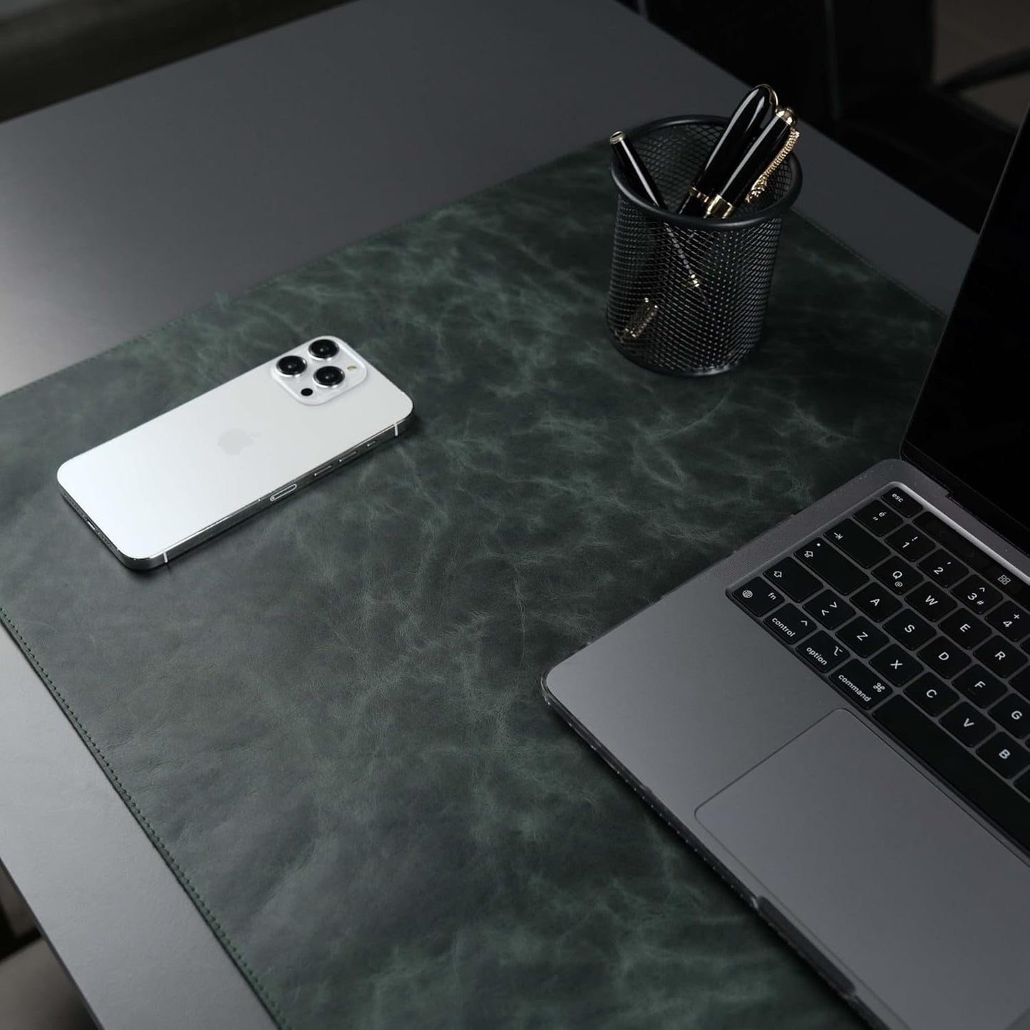 Jersey Genuine Calfskin Leather Desk Pad, Office Desk Mat with Non-Slip Bottom, Smooth Surface for Mouse & Keyboard, Desk Protector (14.6x31.5 inches) (Dark Green)