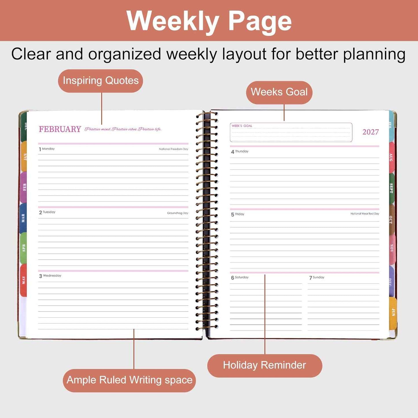 Planner 2026-2027, Leather Two-Tone Planner, 18 Month Weekly and Monthly Planner Calendar with Tabs, Jul 2026–Dec 2027, Large 8.5" x 11" A4 Hardcover Spiral Agenda Planner for Home, School and Work （Pink）