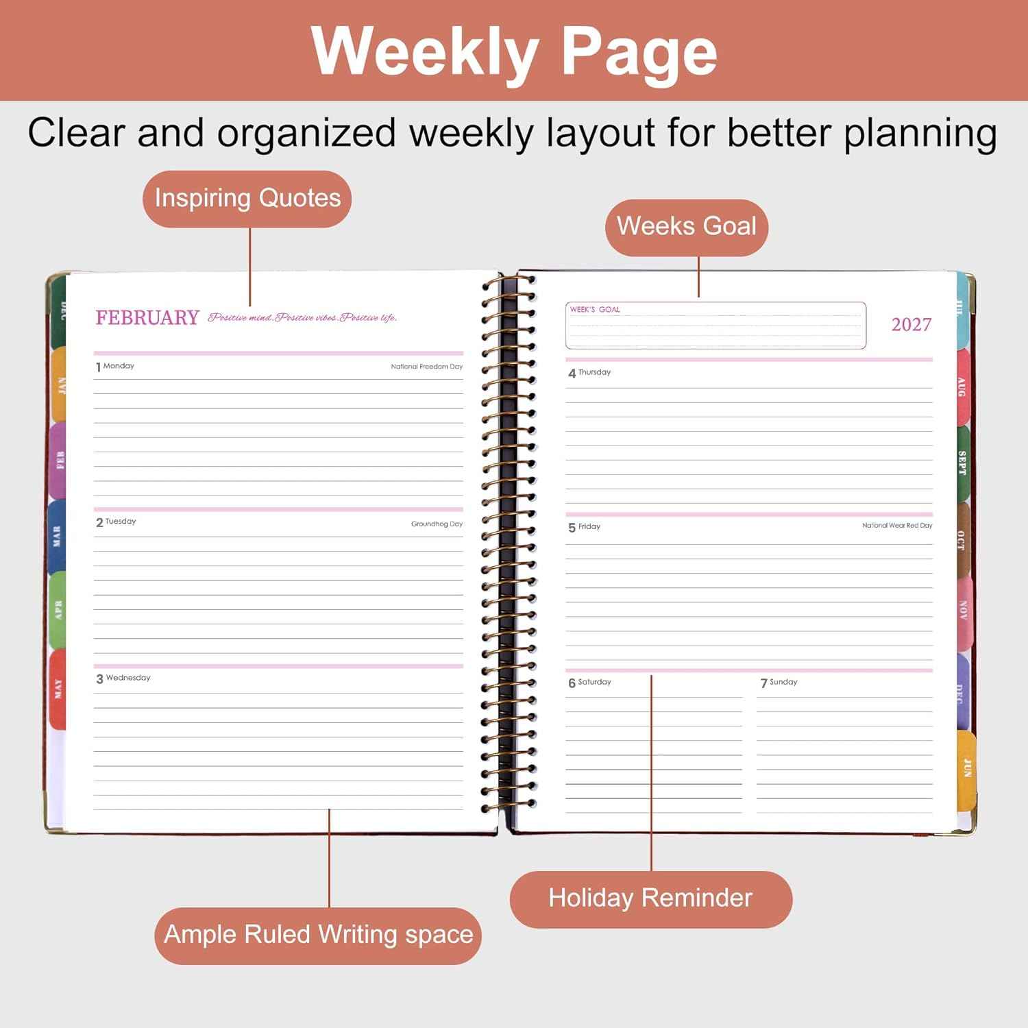Planner 2026-2027, Leather Two-Tone Planner, 18 Month Weekly and Monthly Planner Calendar with Tabs, Jul 2026–Dec 2027, Large 8.5" x 11" A4 Hardcover Spiral Agenda Planner for Home, School and Work （Pink）