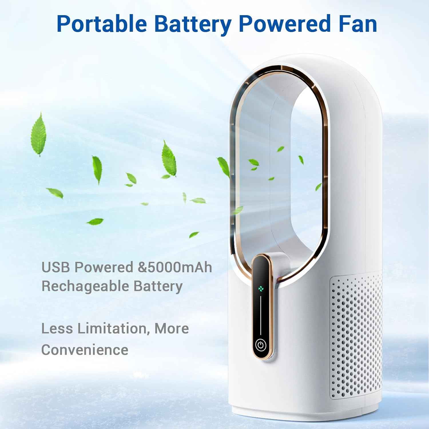 KONSIDEN Bladeless Desk Fan, 11.8 Inch Small Rechargeable Fan, Quiet Office Fan, 3 Speeds, Touch Control, Easy to Clean, Desk Fan Small Quiet, Ideal for Home, Office, Travel