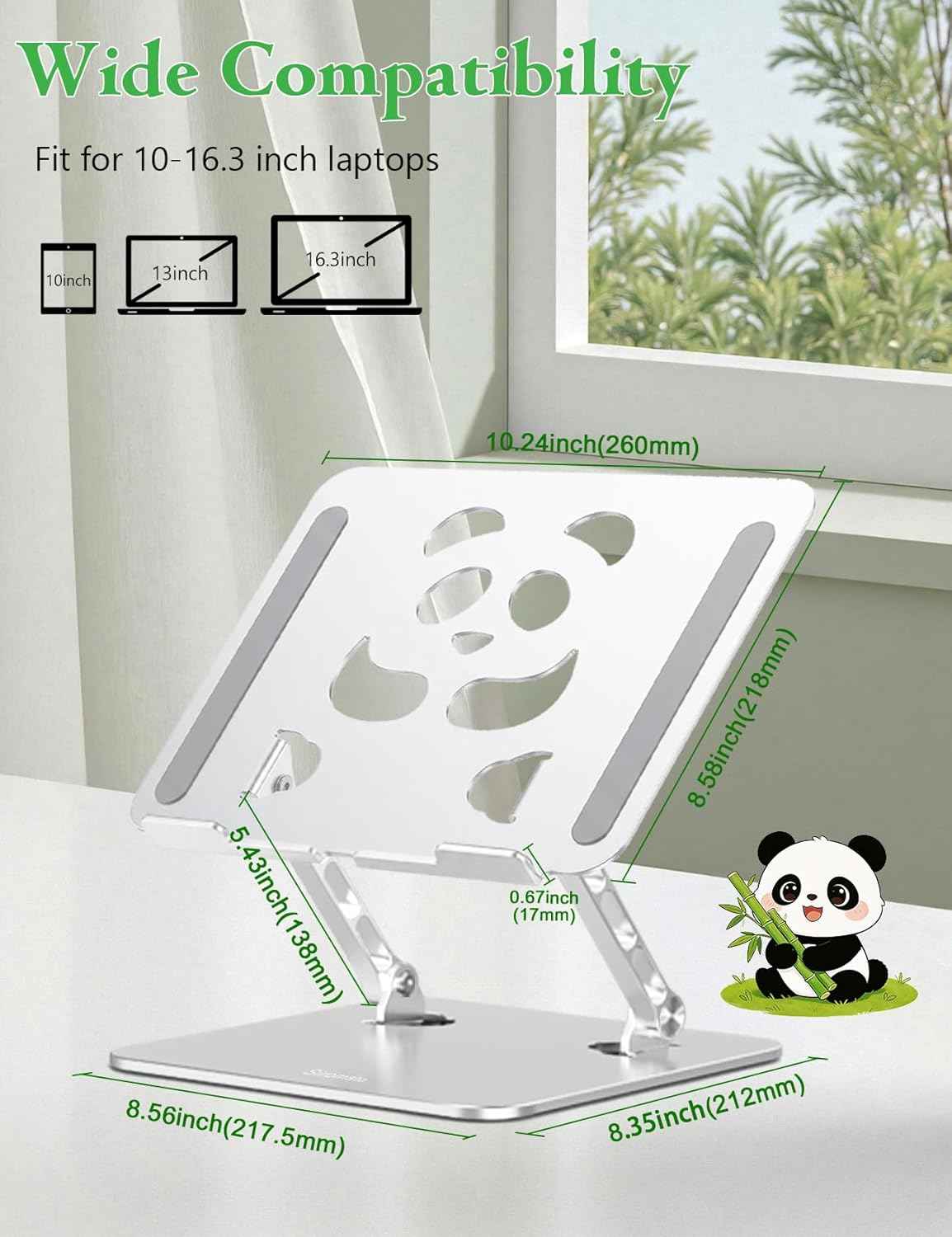 Laptop Stand for Desk - Adjustable Aluminum Laptop Riser with Unique Panda Shaped Vent, Portable Foldable Notebook Holder for Home & Office, Fit for MacBook, HP, Dell, 10-16.3" Silver