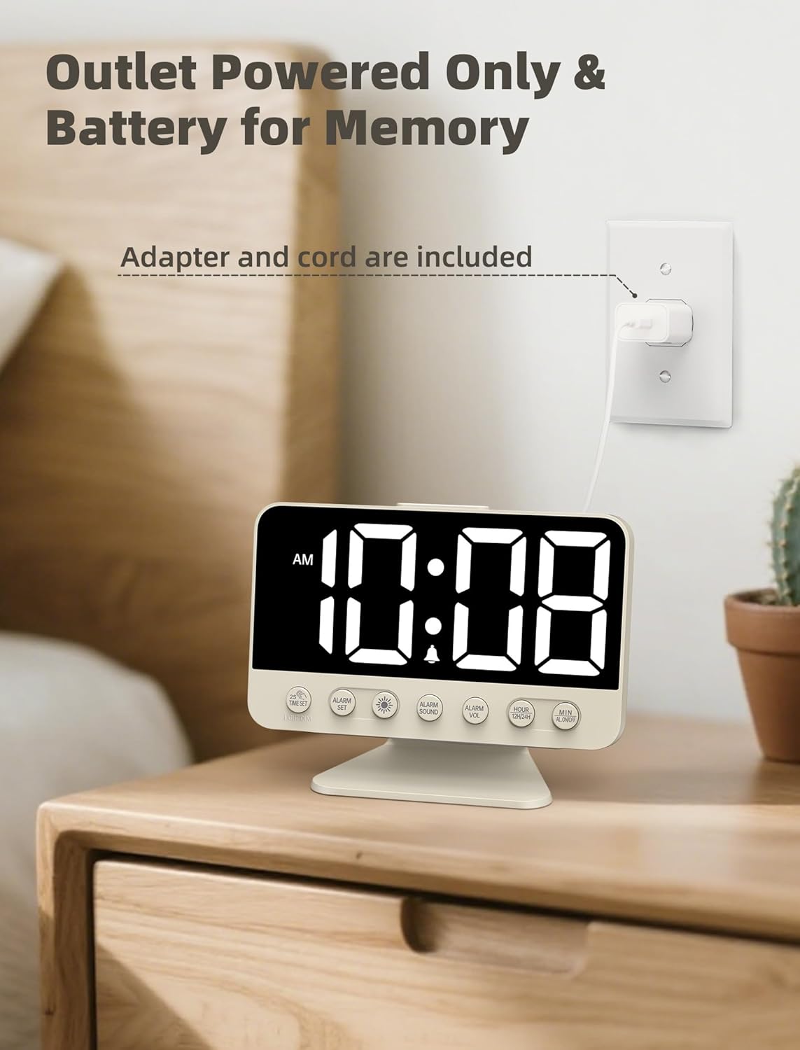 Digital Alarm Clocks for Bedrooms: Large Bold Number 5 Brightness Dimmer - Easy to Read Across The Room - 5 Alarm Sound 8 Night Light - Putty