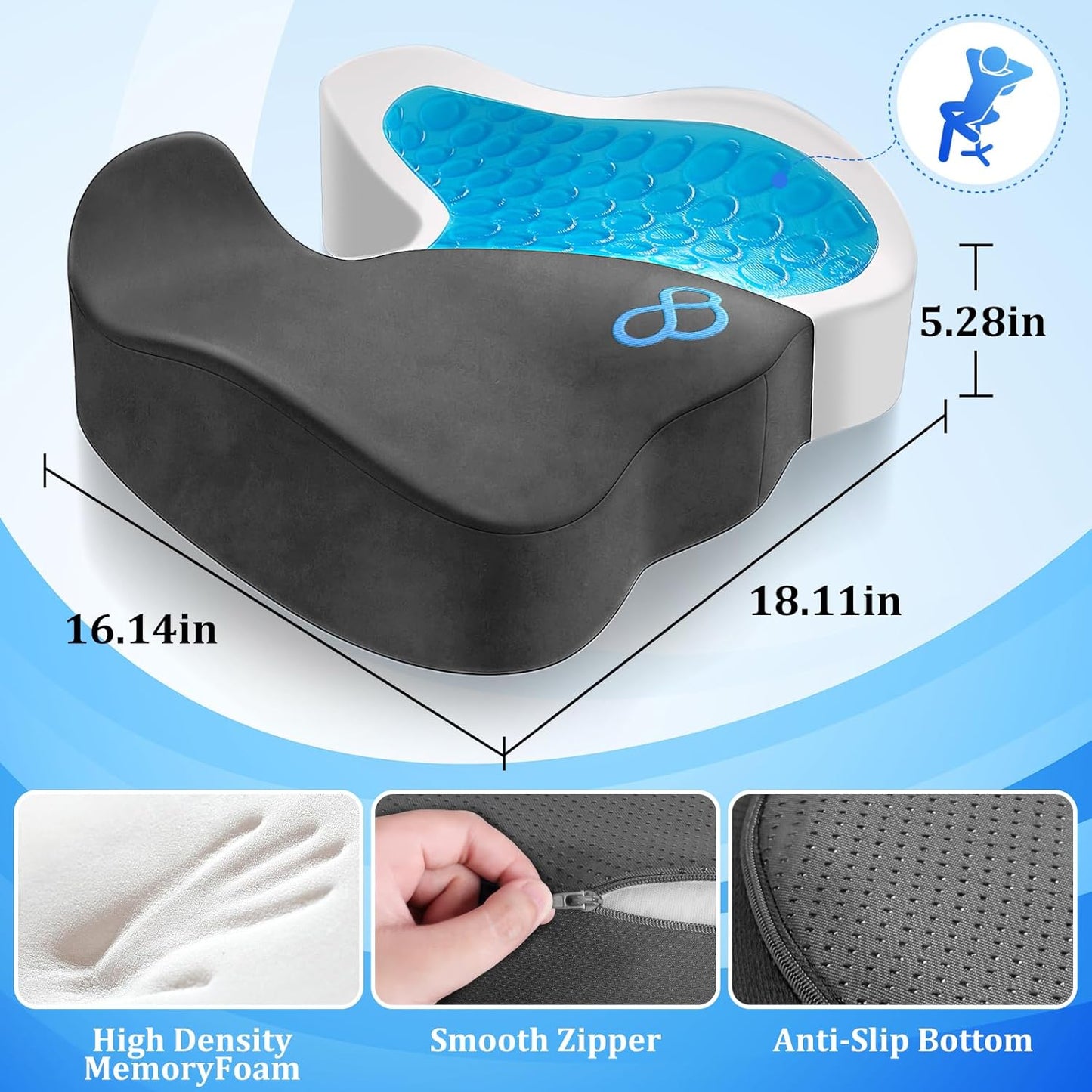 Seat Cushion, Gel Chair Cushions, Office Chair Cushions, Anti-Slip Bottom & Removable Cover Tailbone Pain Relief Cushion, Memory Foam Seat Cushion, 5.28 in Thick (Grey)