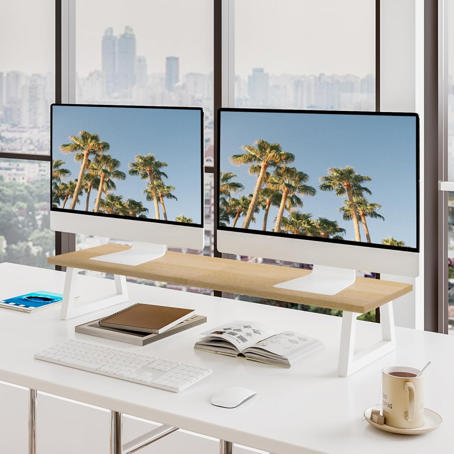 TEAMIX 31.5 inch Dual Monitor Riser - Wide TV Stand for 2 Monitors - Wood & Steel Desktop Riser for Dual Screen Office Desk Organization