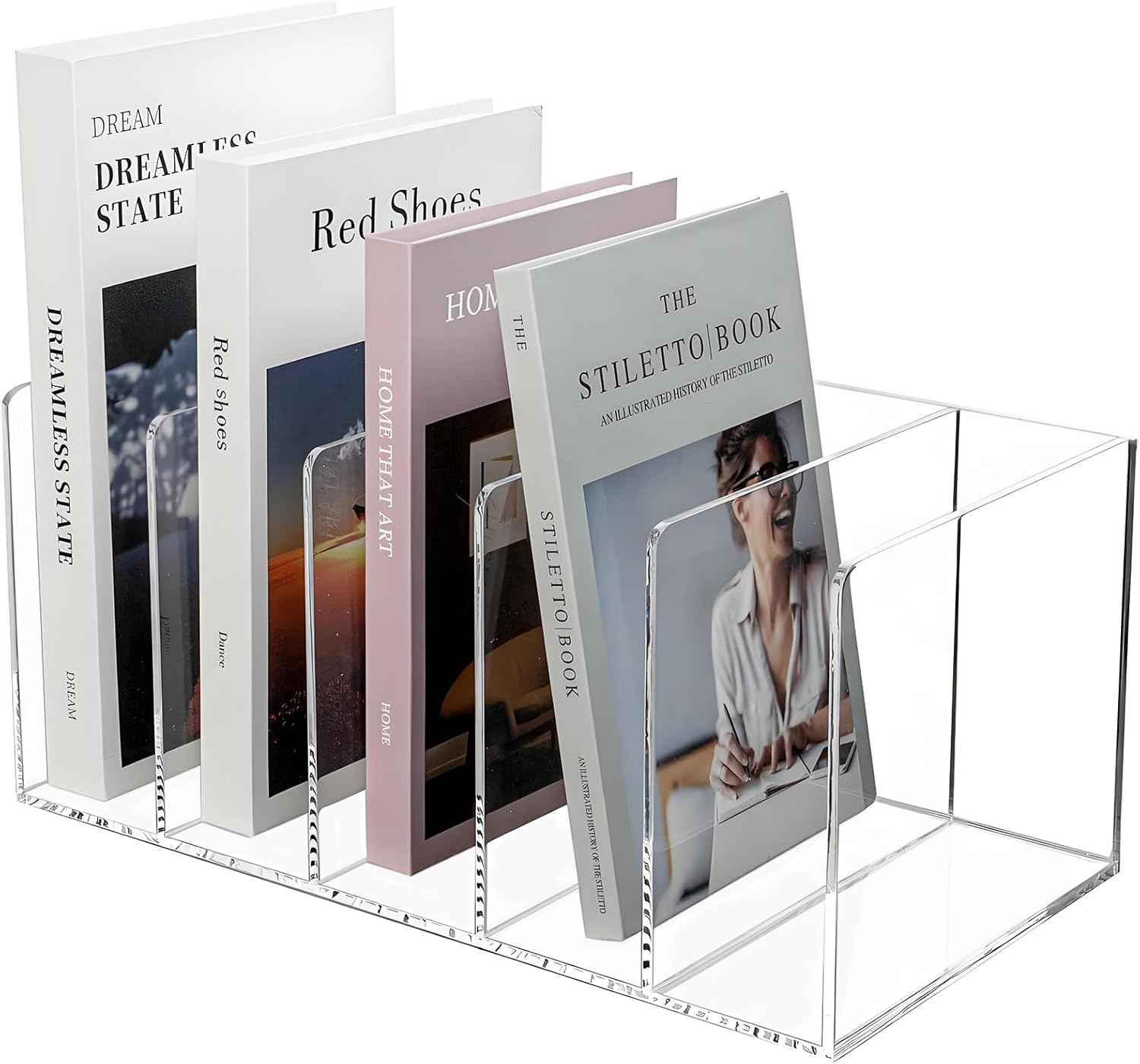 Acrylic Magazine File Holder with 5 Vertical Compartments, Clear Desk Organizer and Magazine Storage Rack File Organizer Bookshelf for Office Desktop Accessories, Home Workspace