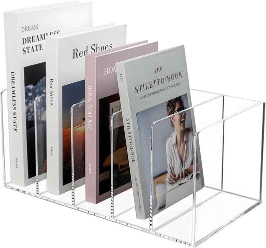 Acrylic Magazine File Holder with 5 Vertical Compartments, Clear Desk Organizer and Magazine Storage Rack File Organizer Bookshelf for Office Desktop Accessories, Home Workspace
