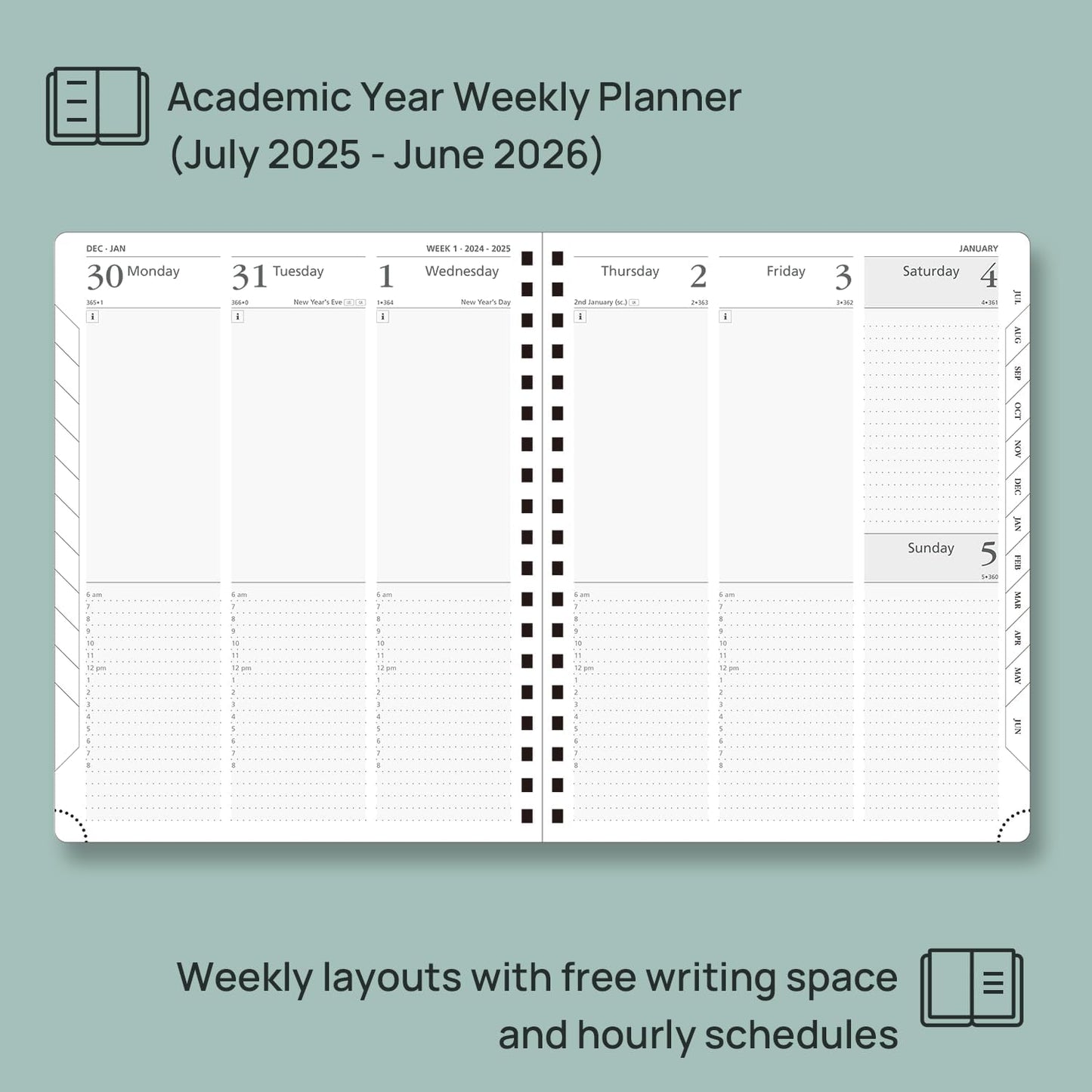 POPRUN Academic Planner 2025-2026 (July 2025-June 2026), Daily Weekly and Monthly Appointment Book (Wirebound Hard Cover - 10'' x 8'') with Hourly Time Slots, Tabs, 100 GSM - Burgundy