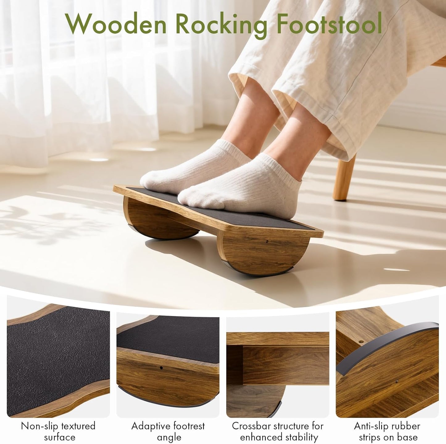 Ergonomic Wooden Footrest for Under Desk, Foot Rest with Anti-Slip Surface, Comfortable Desk Foot Stool for Office Home Gaming, Improve Posture & Promote Blood Circulation